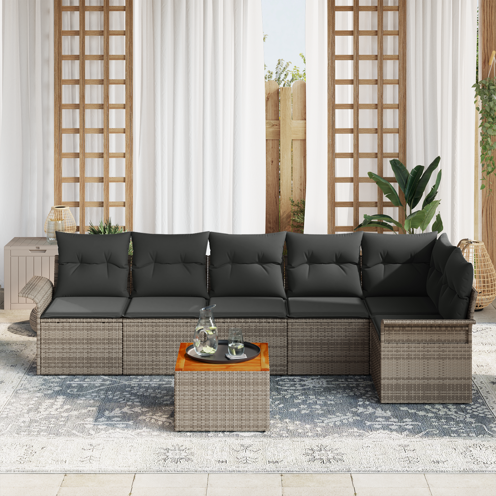 vidaXL 7-delige tuinset met kussens in grijs, poly rattan en acacia