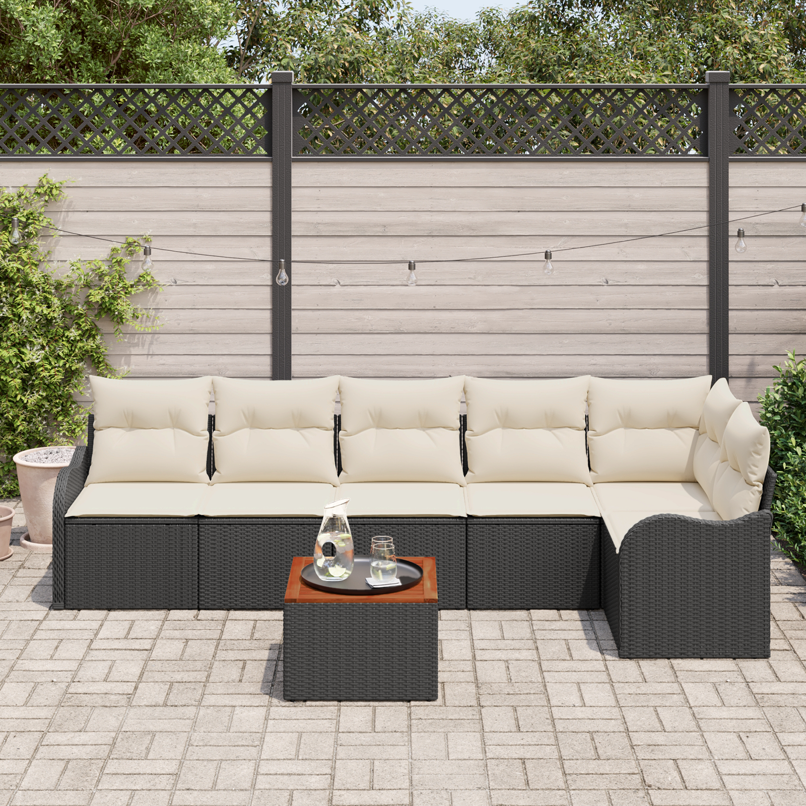 vidaXL 7-delige tuinset met kussens zwart poly rattan acacia