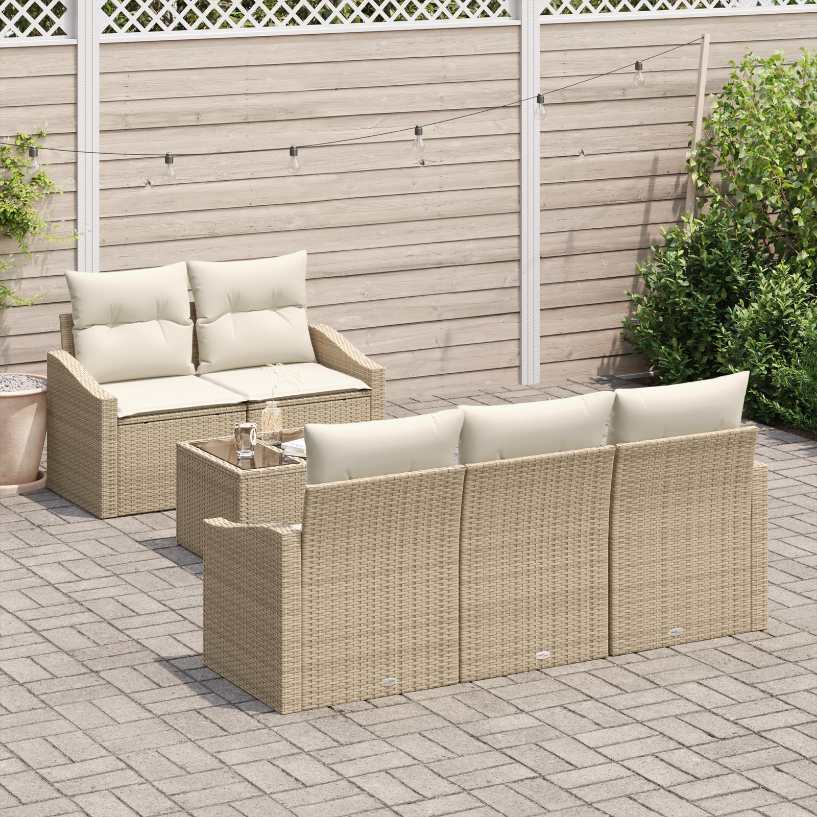 vidaXL 6-delige tuinbankset met kussens in Beige Poly Rattan