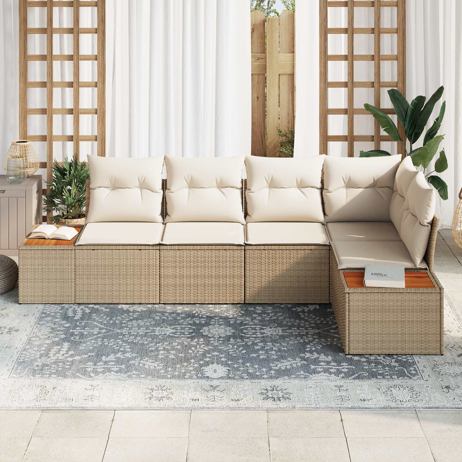 vidaXL 5-delige Tuinbankenset met kussens poly rattan acacia beige