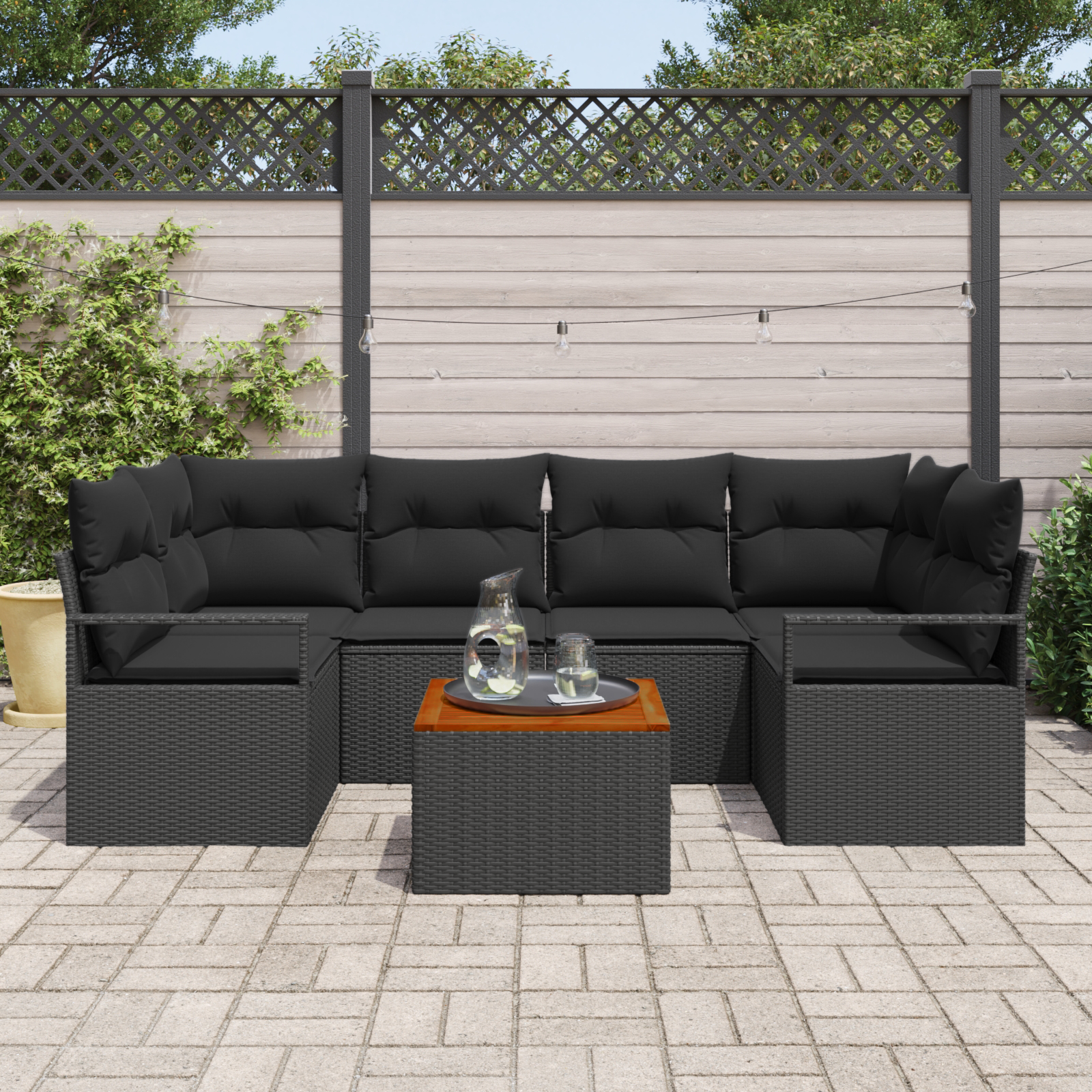 vidaXL 7-delige Tuinbankenset met kussens poly rattan acacia zwart