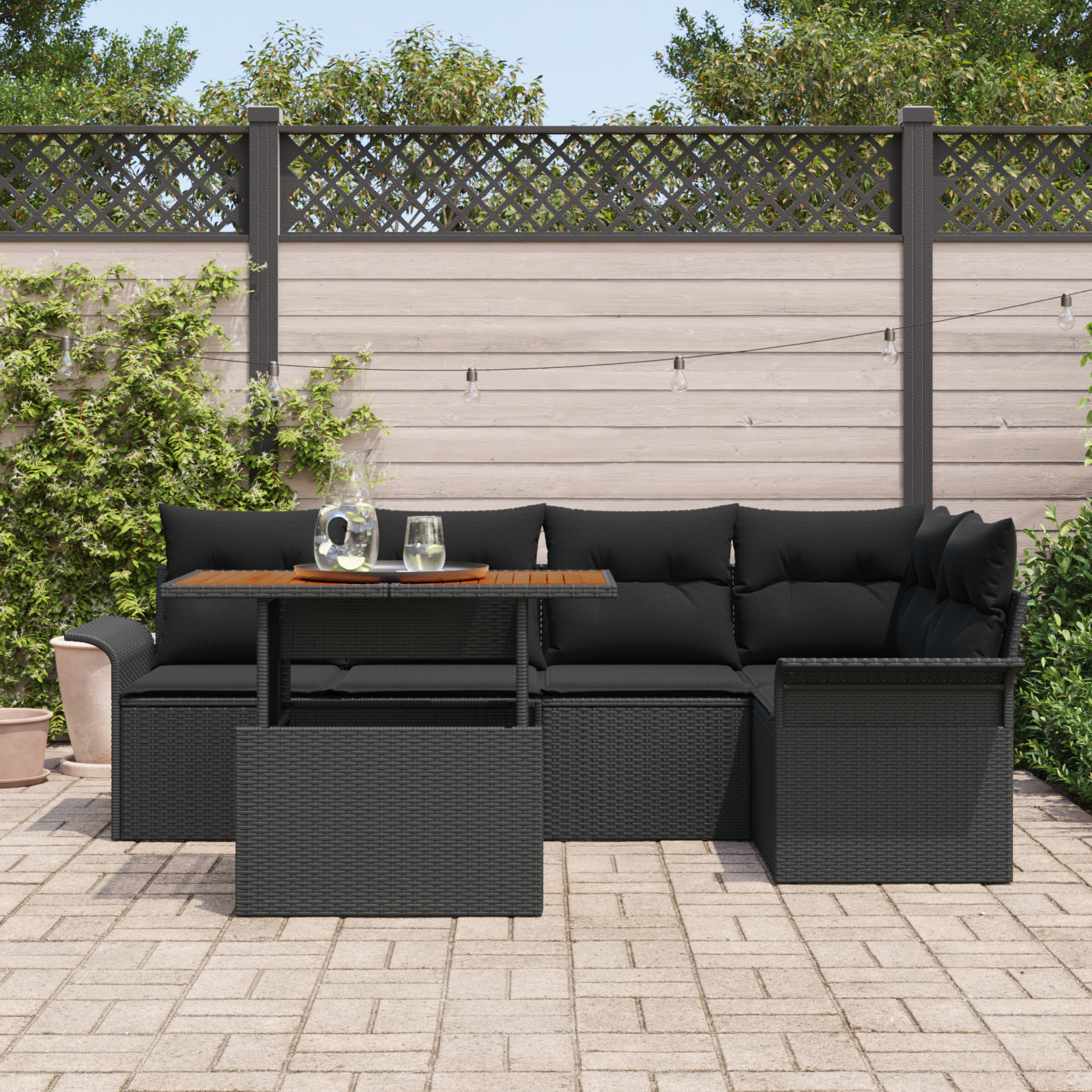 vidaXL 6-delige tuinset met kussens zwart poly riet