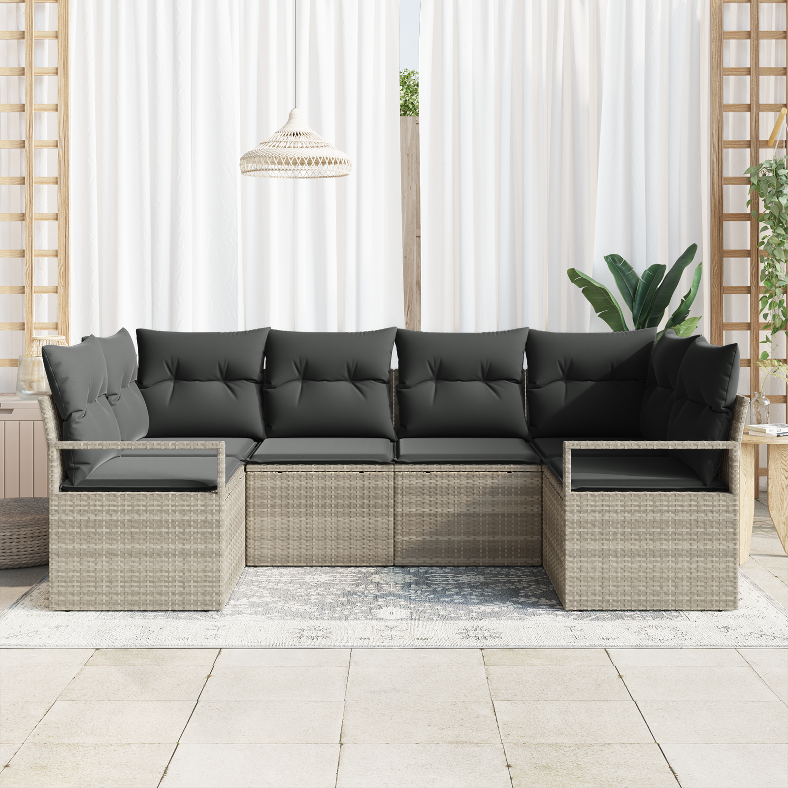 vidaXL 6-delige Tuinbankenset met kussens poly rattan lichtgrijs