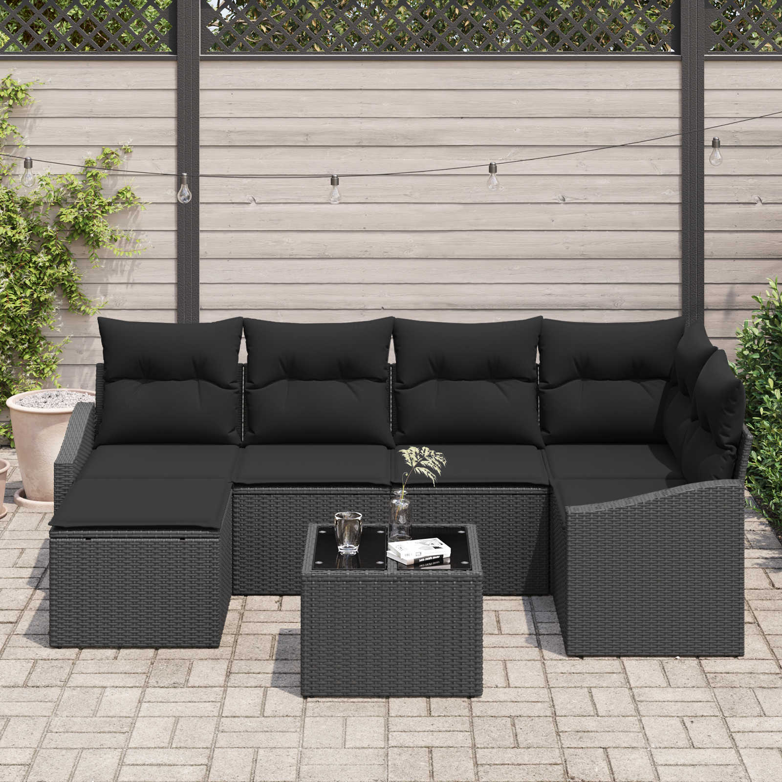 vidaXL 7-delige Tuinbankenset met kussens poly rattan beige