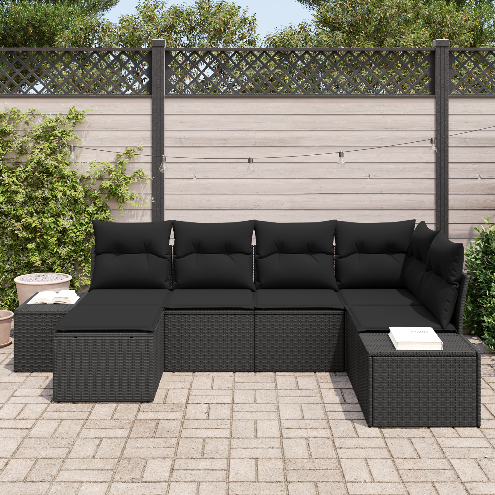 vidaXL 6-delige tuinbankset met kussens in zwart poly rattan