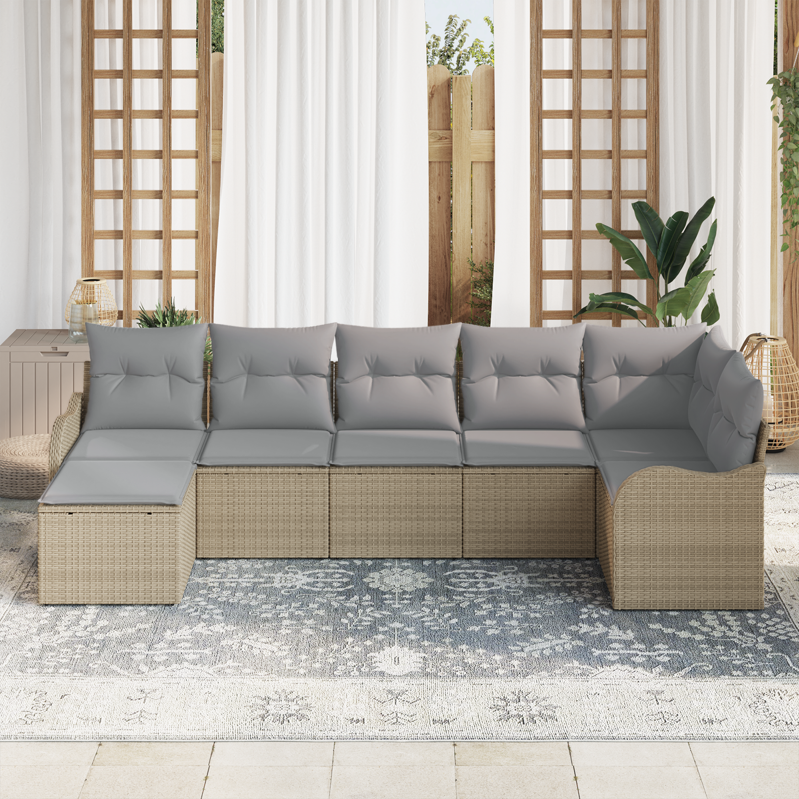 vidaXL 7-delige ligbed set met kussens Beige Poly Rattan