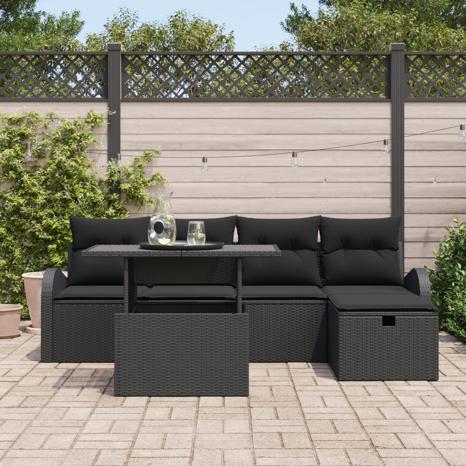 vidaXL 6-delige Tuinbankenset met kussens poly rattan zwart