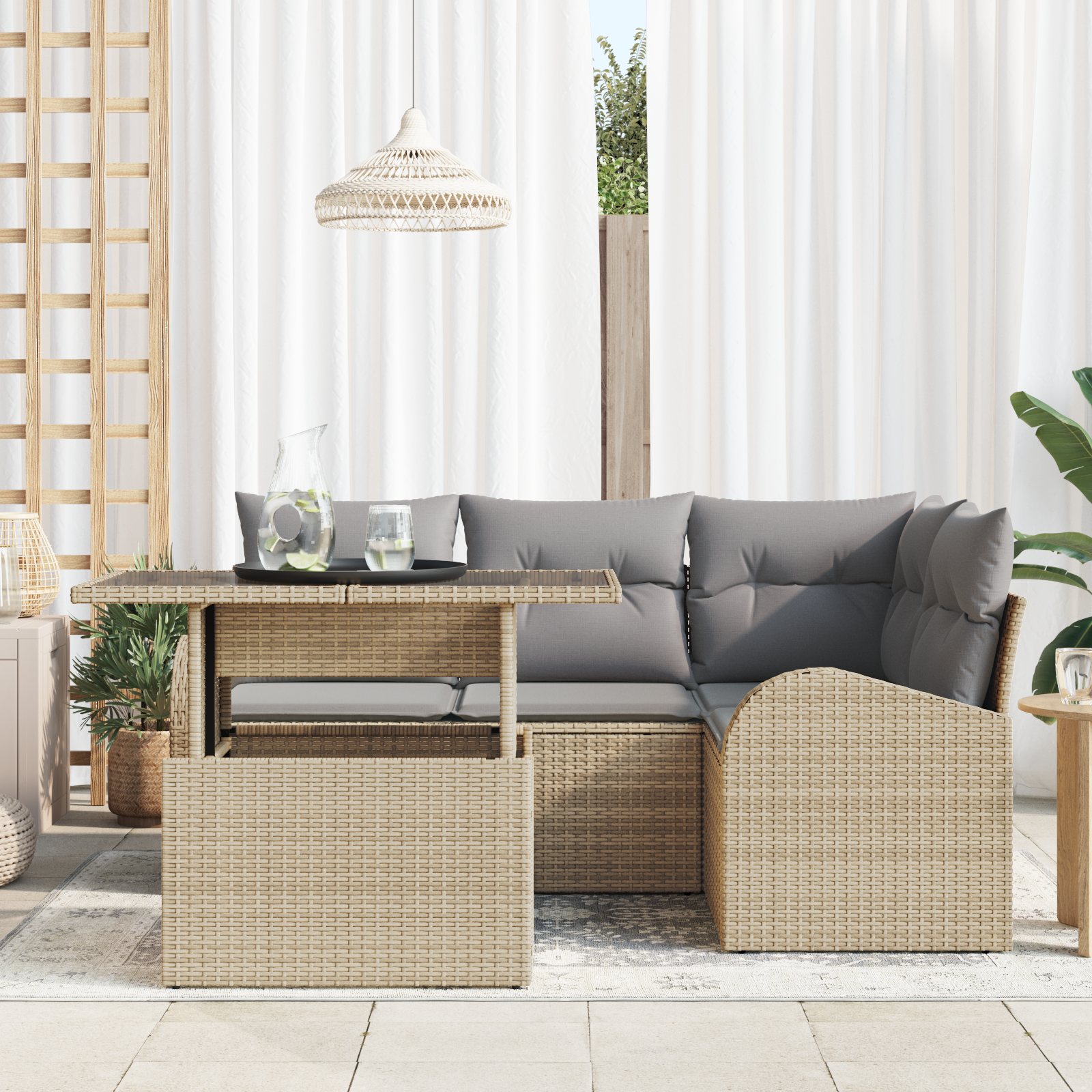 vidaXL 5-delige Tuinbankenset met kussens poly rattan beige