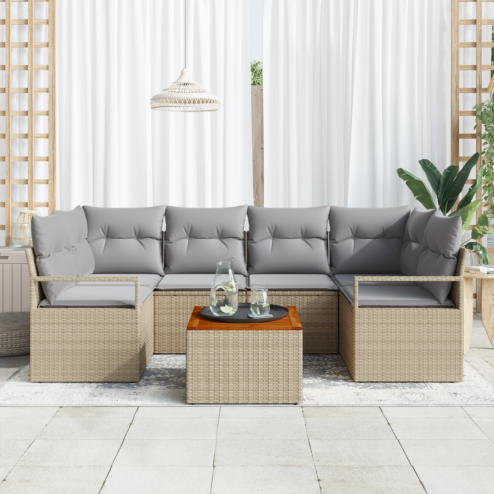 vidaXL 7-delige Tuinbankenset met kussens poly rattan acacia beige
