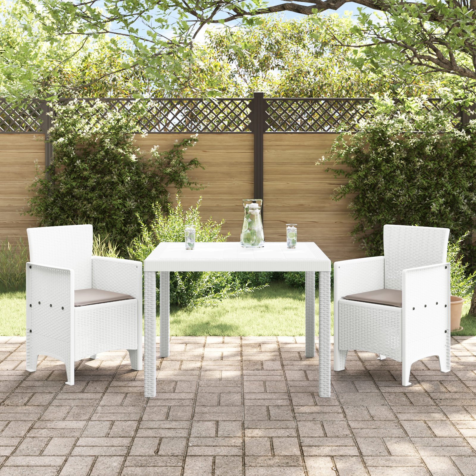 vidaXL 3-delige tuintafel en stoelen met kussens in wit poly riet