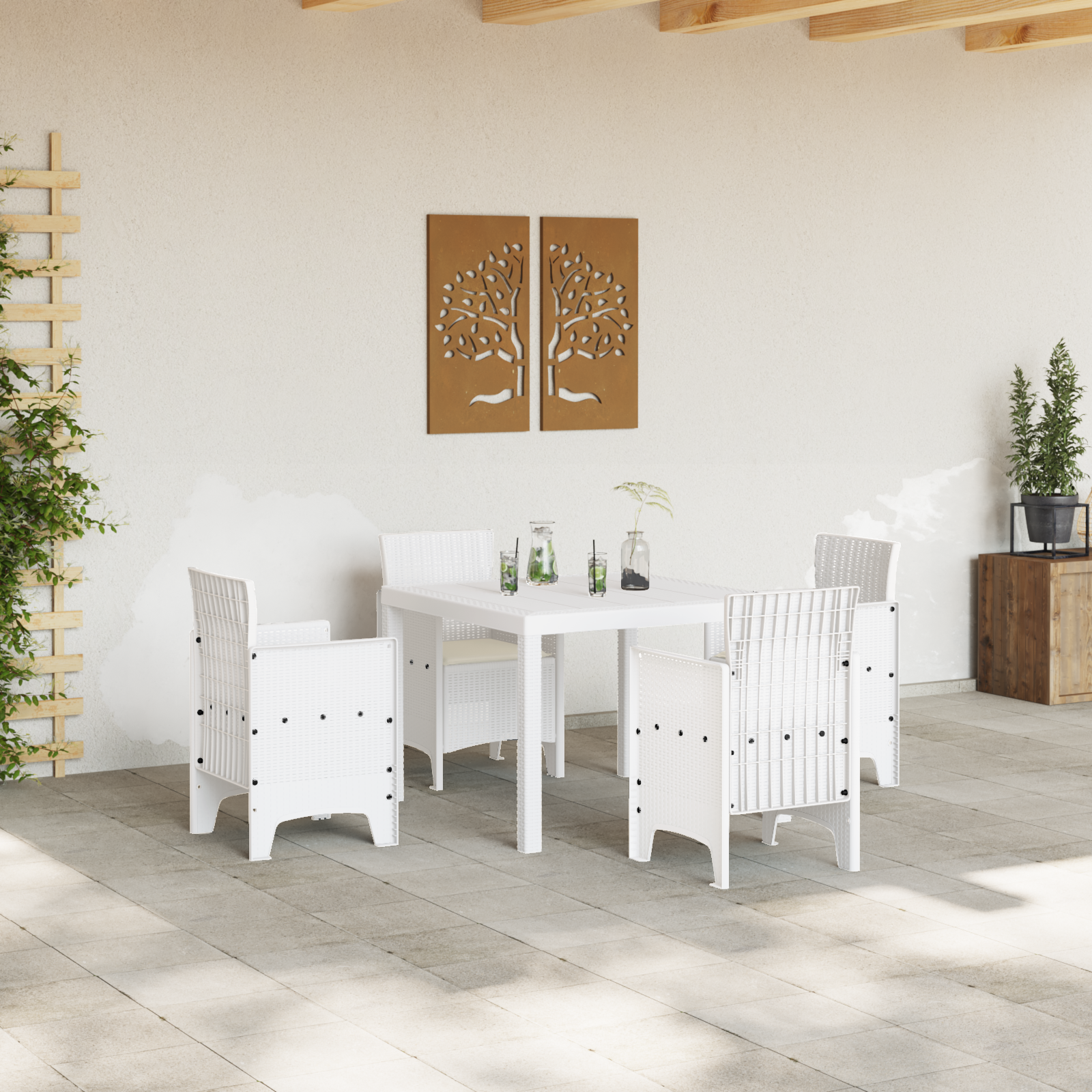 vidaXL 5-delige tuinset met kussens van wit poly rattan