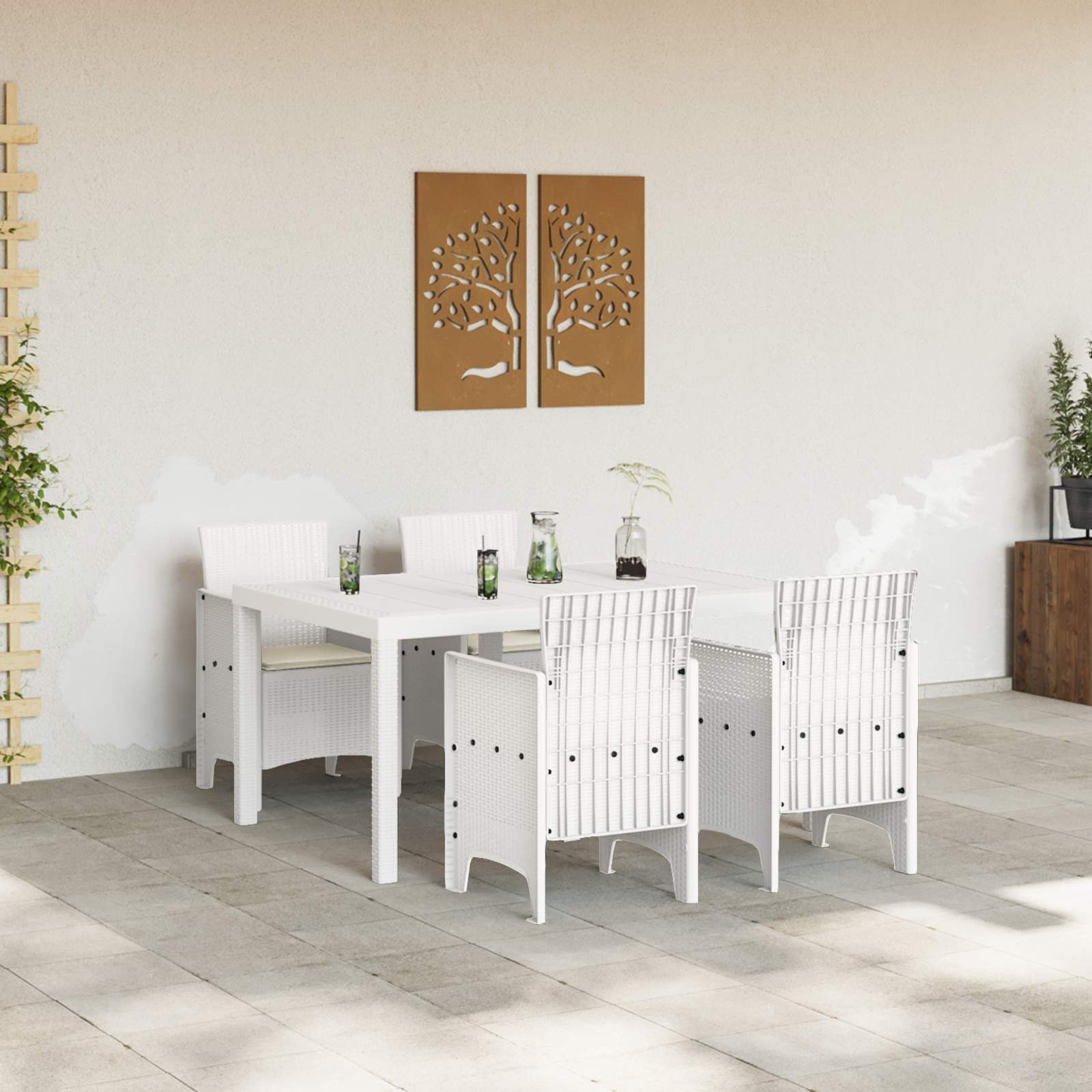vidaXL 5-delige Tuin Eettafel Set met Kussens Wit Poly Rattan