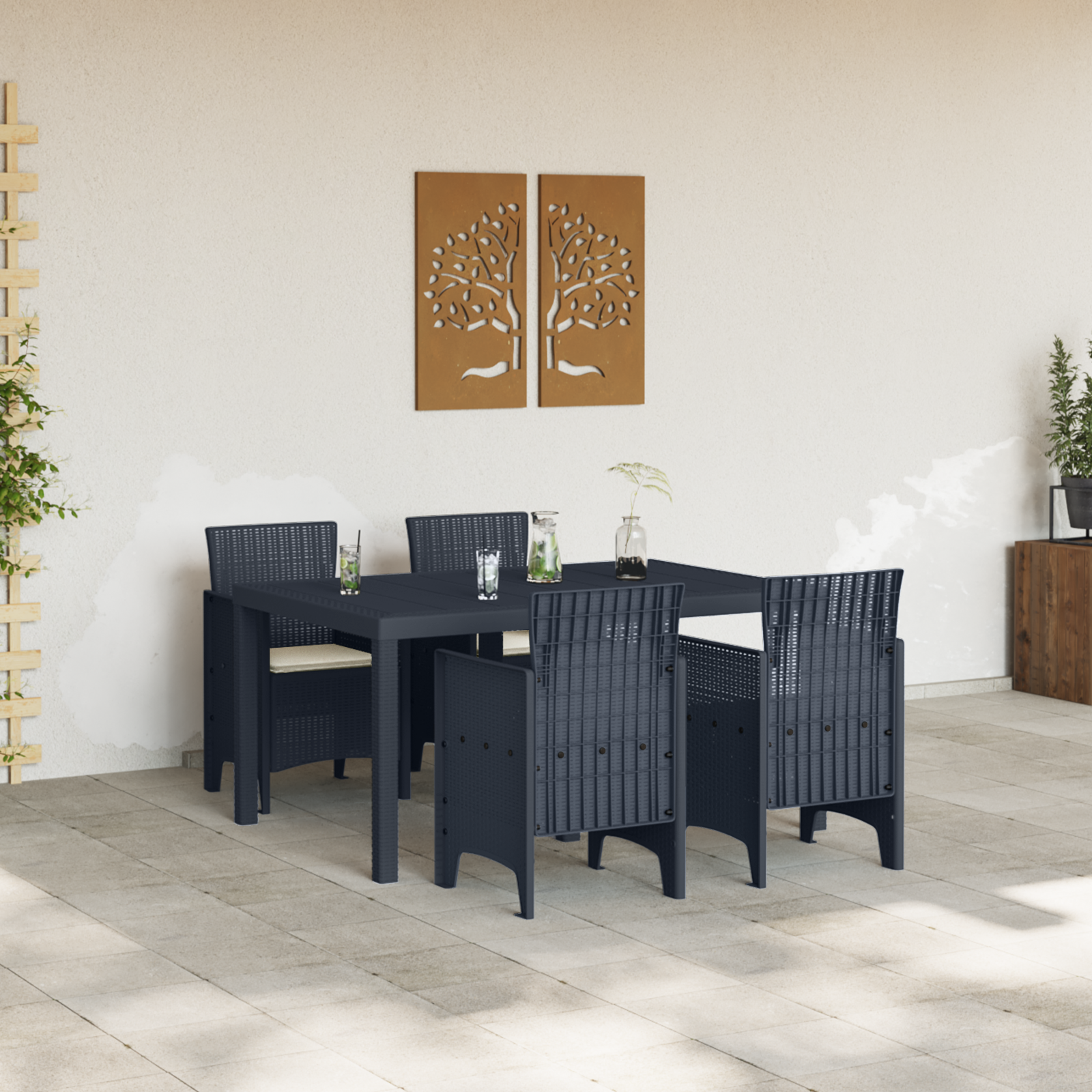 vidaXL 5-delige Tuin Eettafel Set met Kussens Anthraciet Poly Rattan