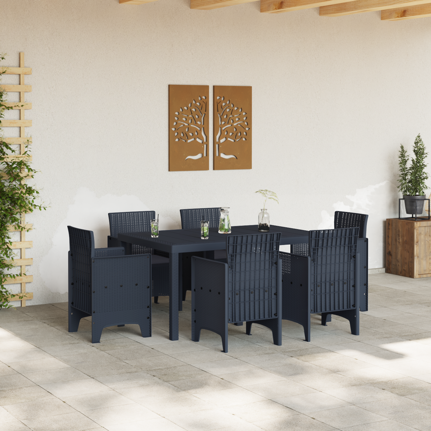 vidaXL 7-delige Tuin Eettafel Set met Kussens Anthraciet Poly Rattan