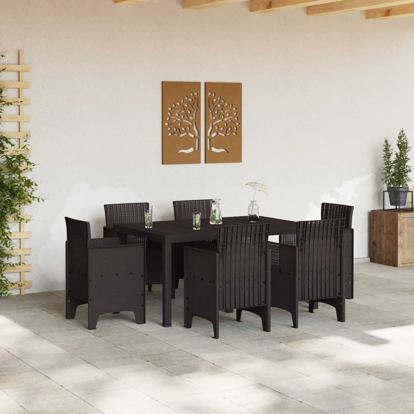 vidaXL 7-delige Tuin Eetset Bruin Poly Riet
