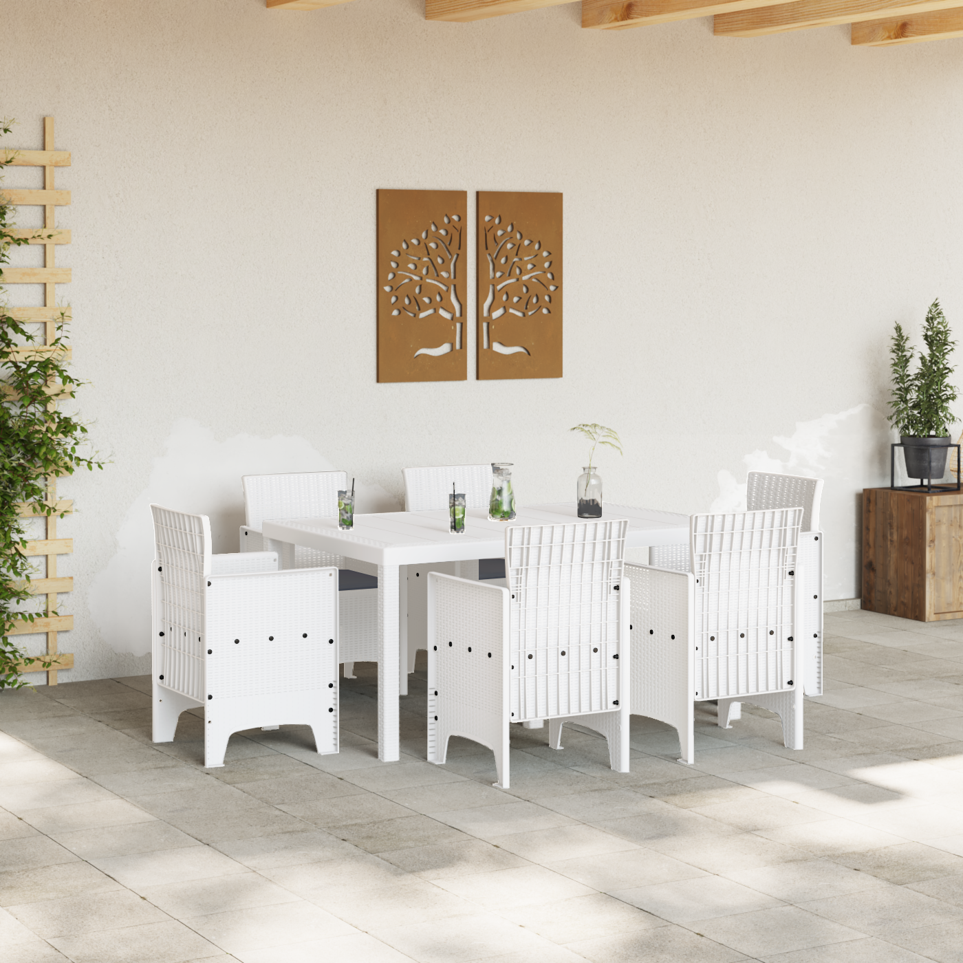 vidaXL 7-delige Tuin Eetset met Kussens Wit Poly Rattan
