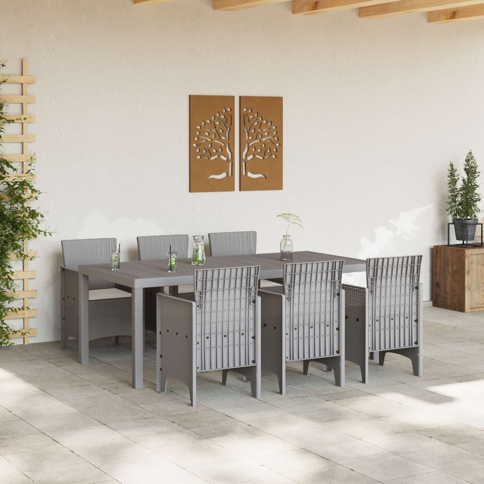 vidaXL 7-delige tuintafelset met kussens in lichtgrijs poly rattan