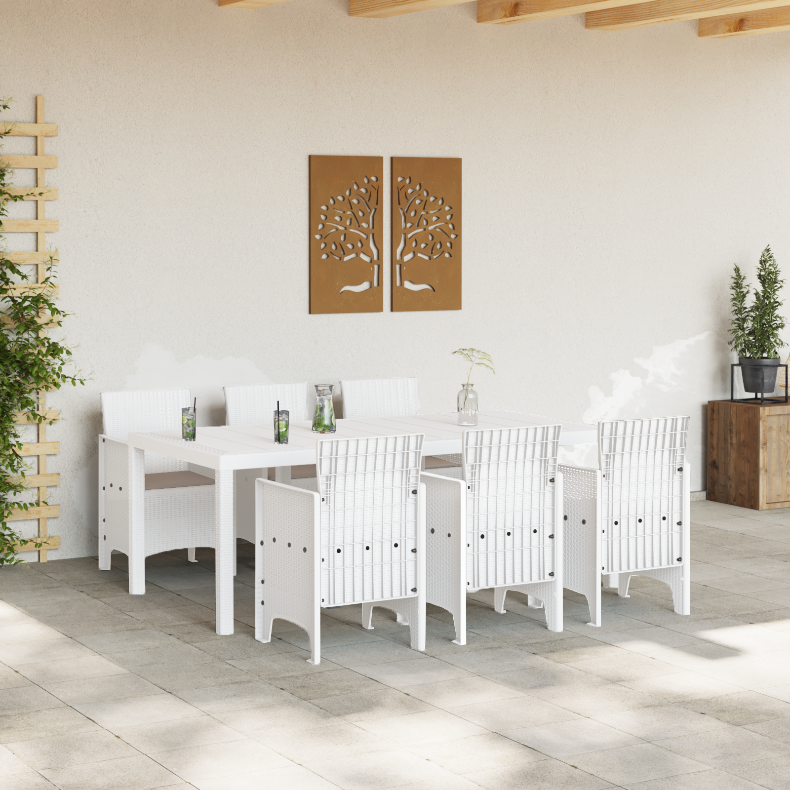 vidaXL 7-delige tuinset met kussens van witte poly rattan