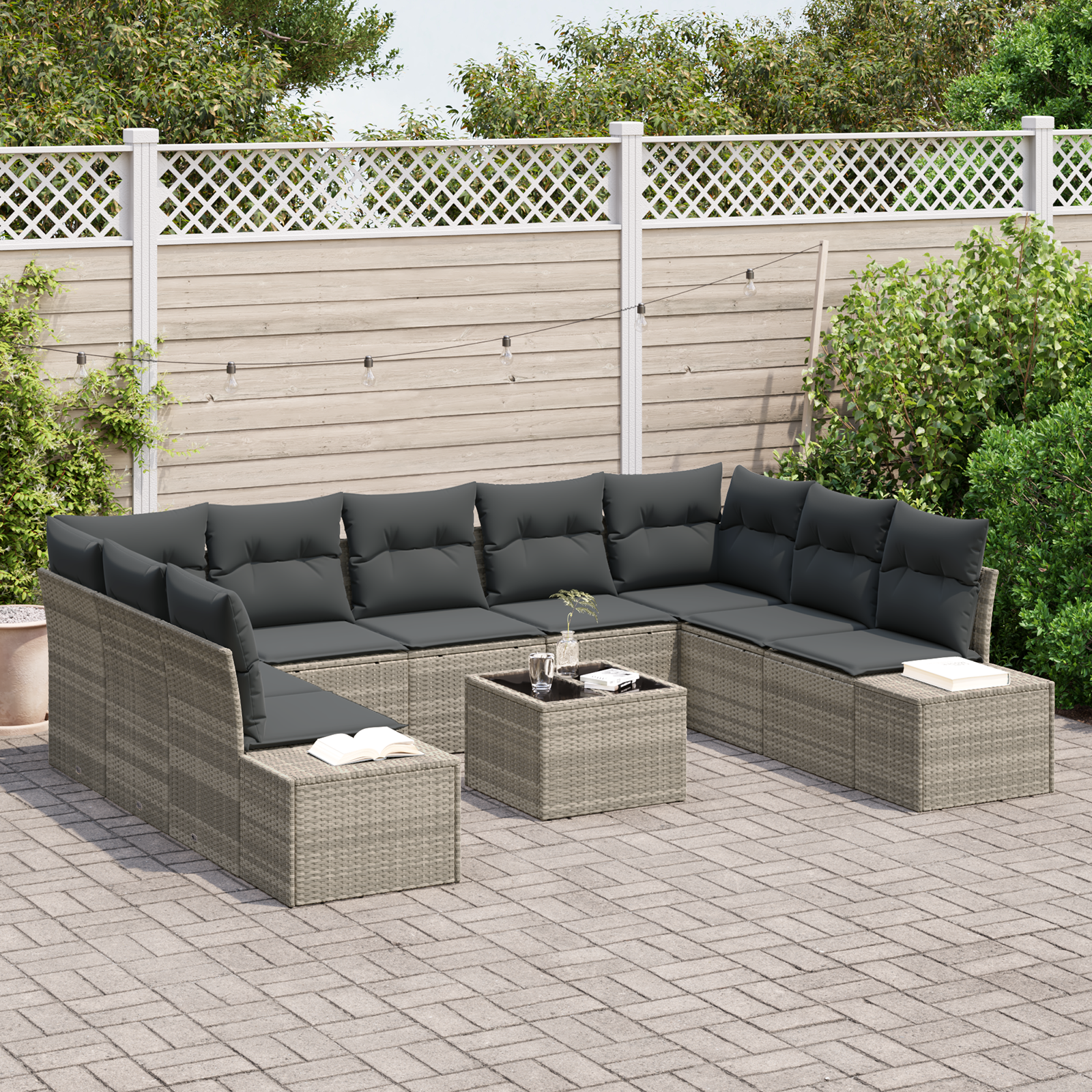 vidaXL 10-delige tuinbankset met kussens - Grijs poly rattan