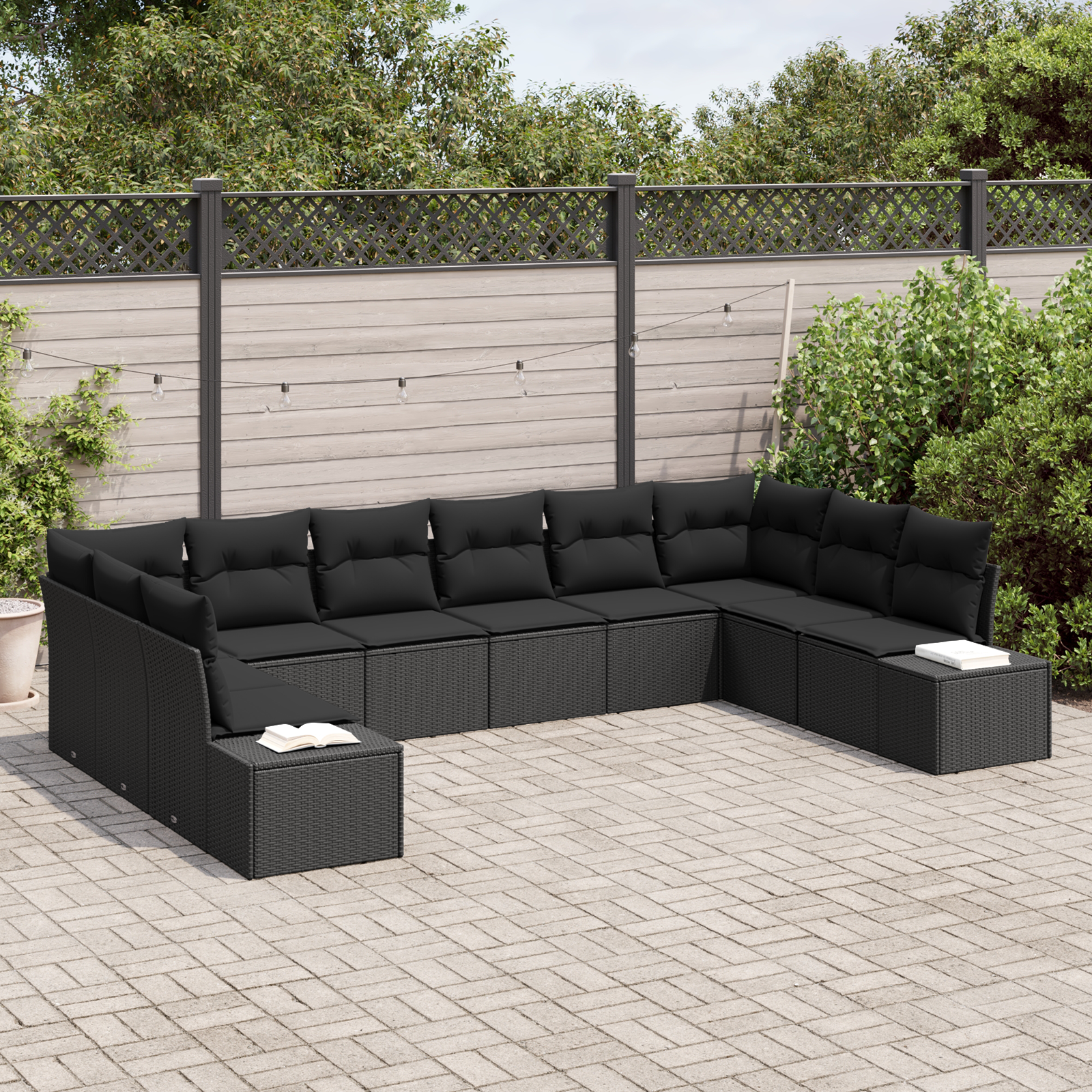 vidaXL 10-delige Tuinbankenset met kussens poly rattan zwart