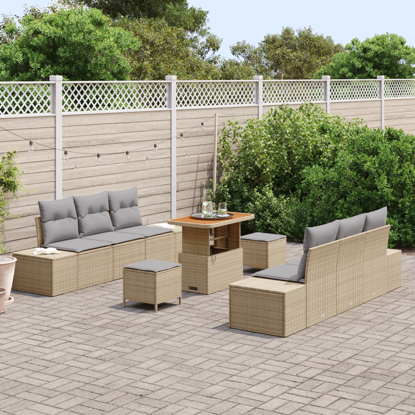 vidaXL 9-delige Tuinbankenset met kussens poly rattan acacia beige