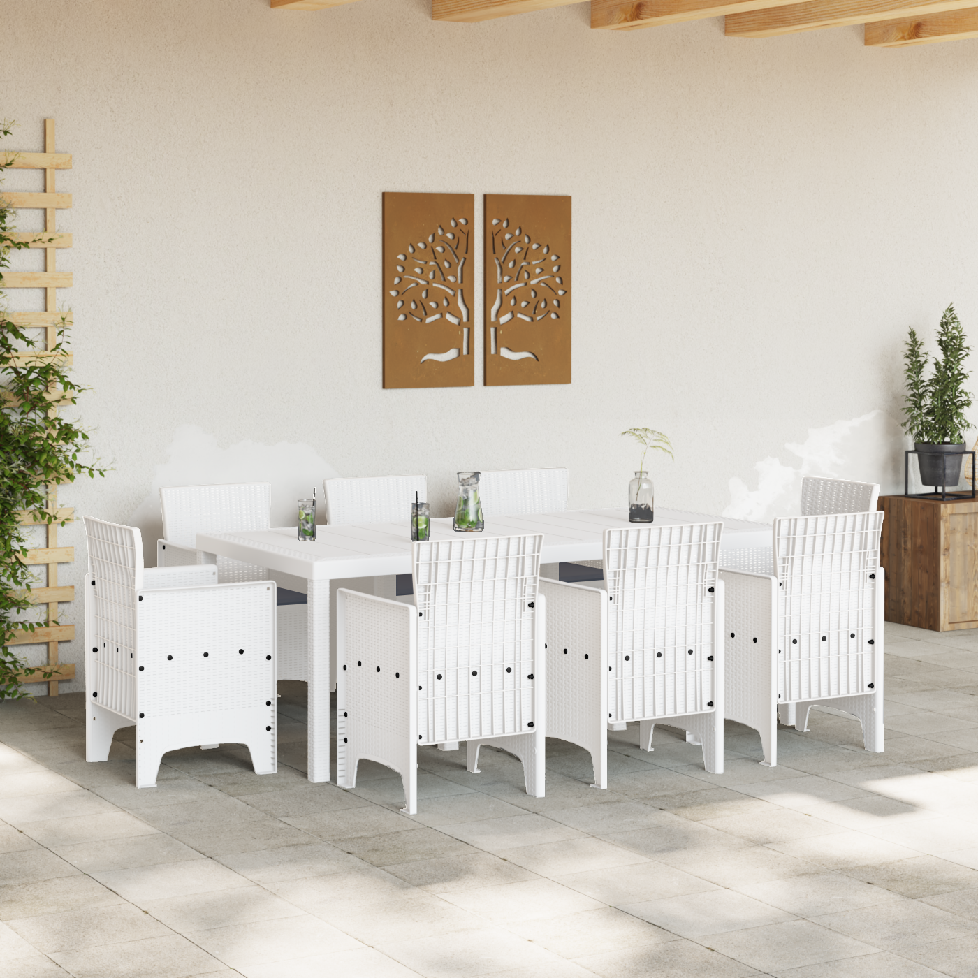 vidaXL 9-delige tuinset met kussens van wit poly rattan