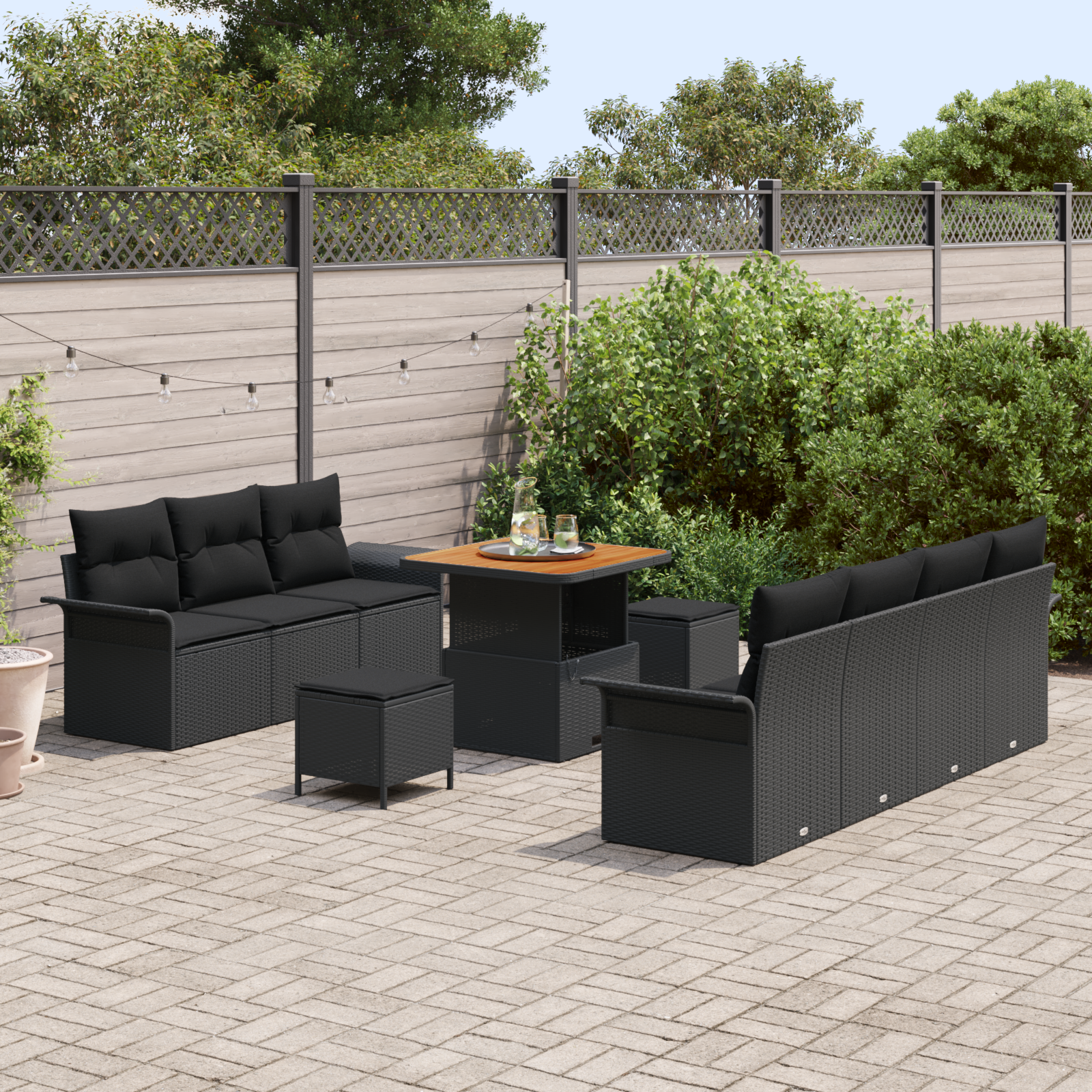 vidaXL 10-delige tuinbankset met kussens - Zwart Poly Rattan en Acacia
