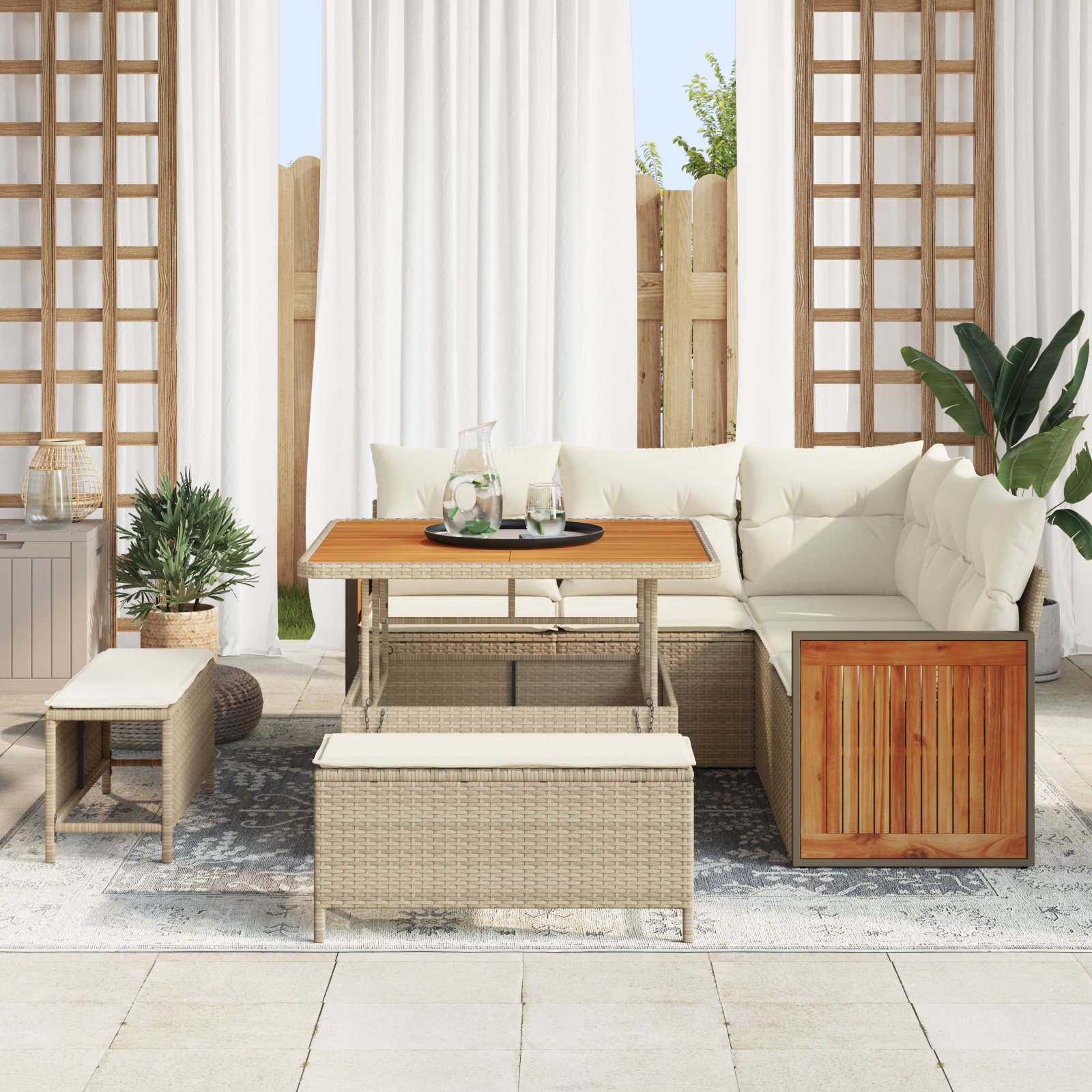 vidaXL 8-delige Tuinbankenset met kussens poly rattan acacia beige