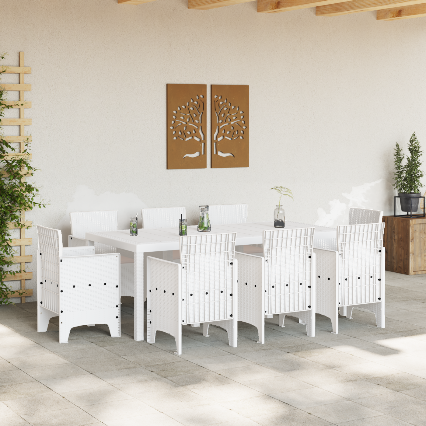 vidaXL 9-delige tuinset met kussens, witte poly rattan