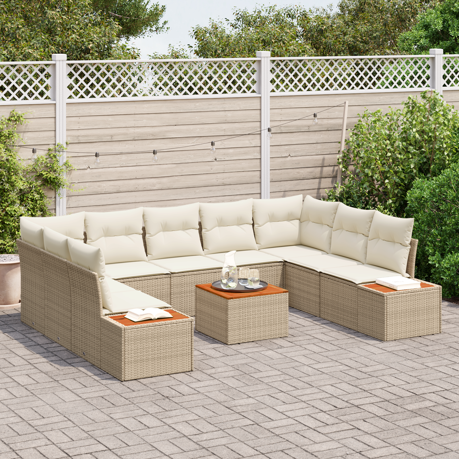 vidaXL 10-delige tuinset met kussens in beige poly rattan en acacia