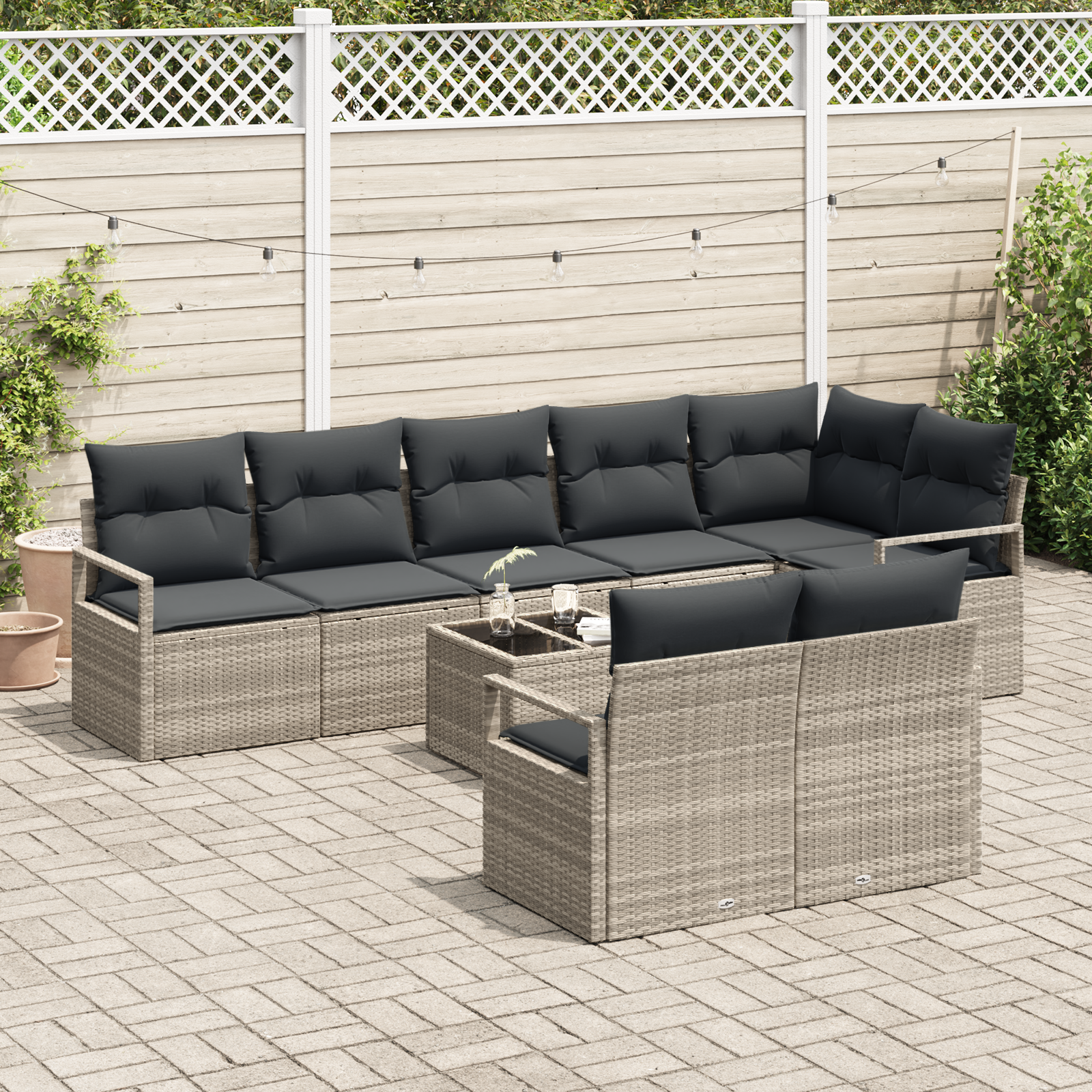 vidaXL 9-Delige Tuinbank Set met Kussens Grijs Poly Rattan
