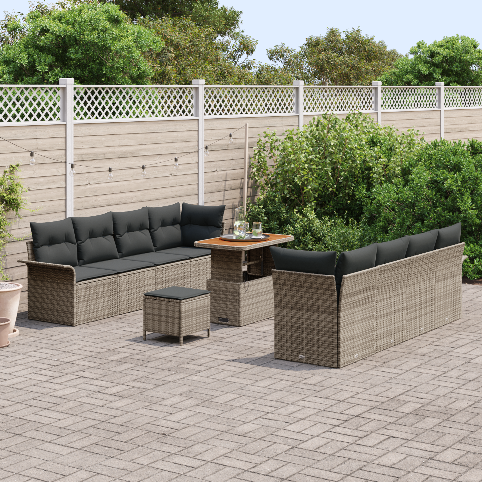 vidaXL 11-delige Tuinbank Set met Kussens Grijs Poly Riet Acacia
