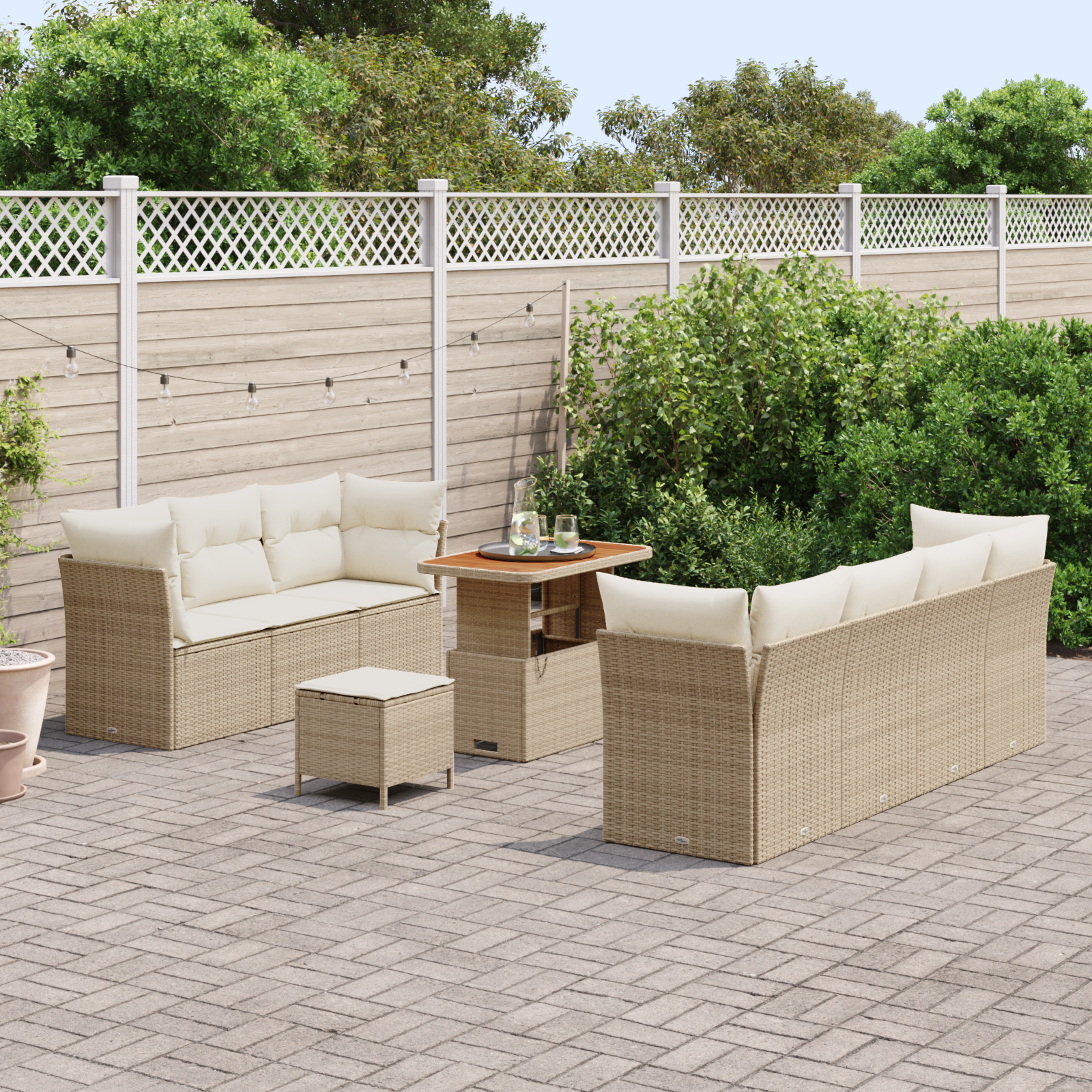 vidaXL 10-delige tuinset met kussens in beige van poly rattan en acacia