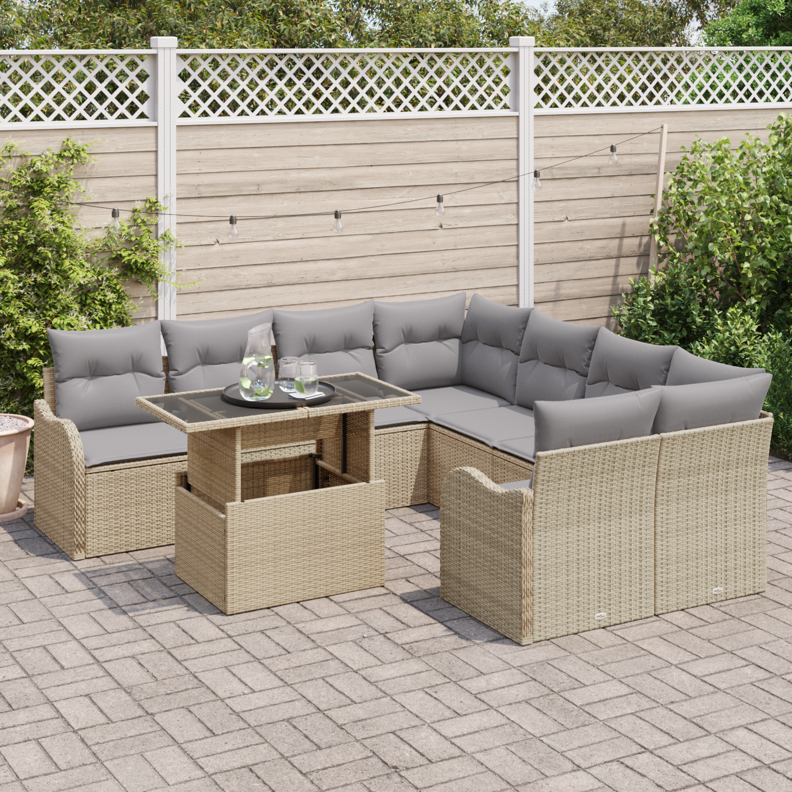 vidaXL 9 delige Tuinbankenset met kussens poly rattan beige