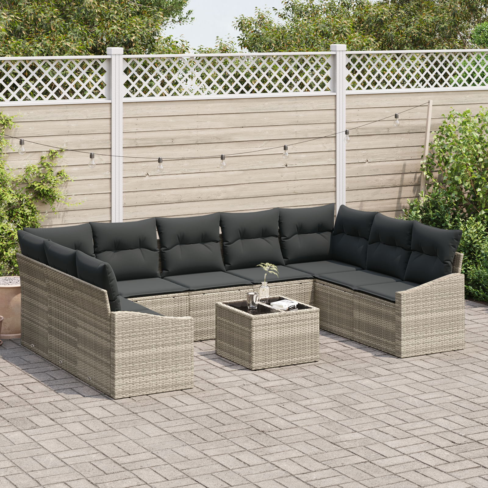 vidaXL 10-delige Tuinset met Kussens in Grijs Poly Rattan