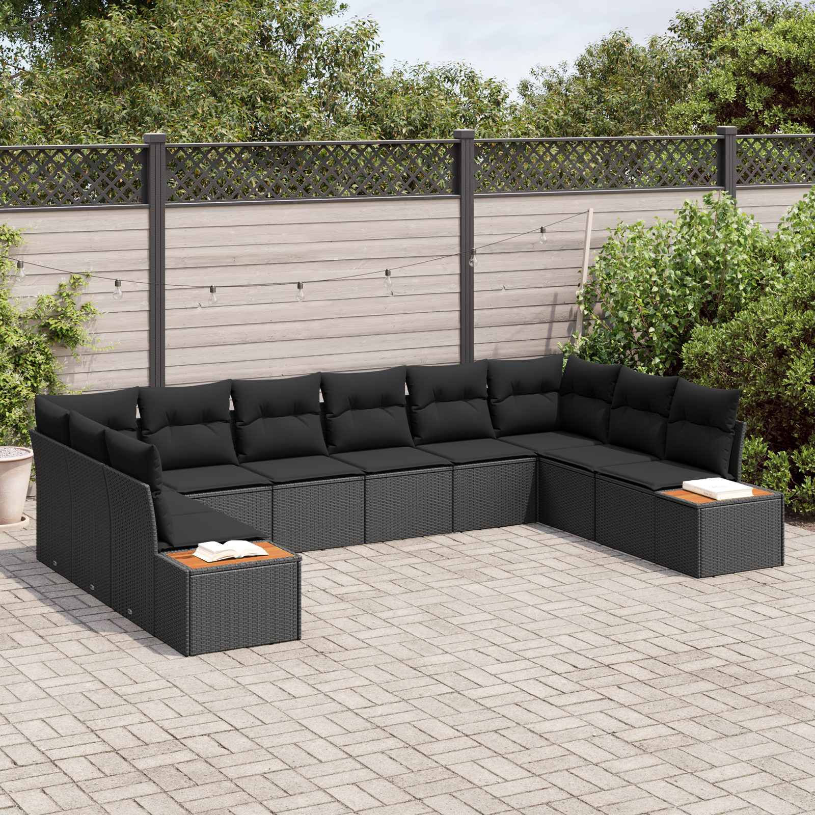 vidaXL 10-delige Tuinbankenset met kussens poly rattan acacia zwart