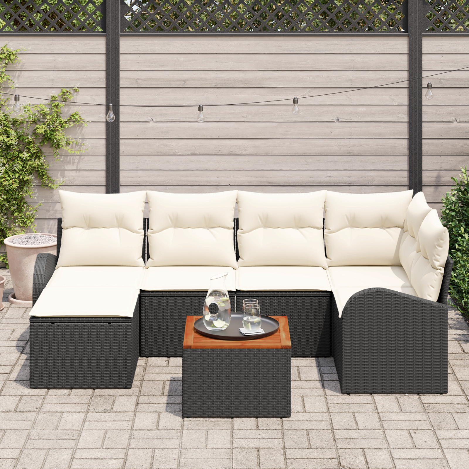 vidaXL 7-delige Tuinbankenset met kussens poly rattan acacia zwart