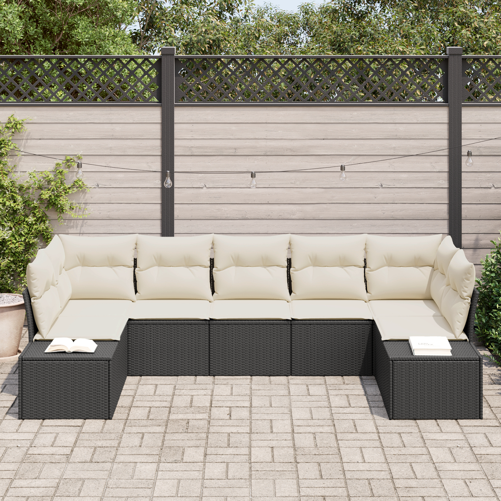 vidaXL 7-delige tuinset met kussens zwart poly rattan