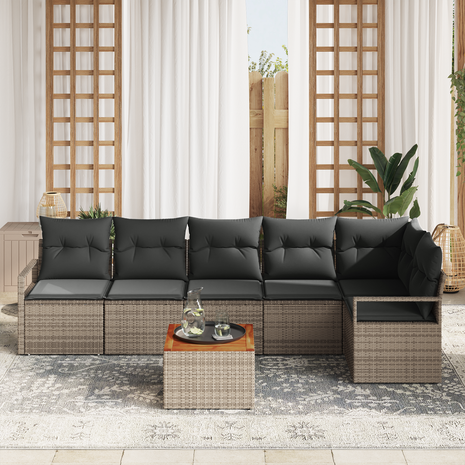 vidaXL 7-delige tuinset met kussens in grijs poly rattan en acacia