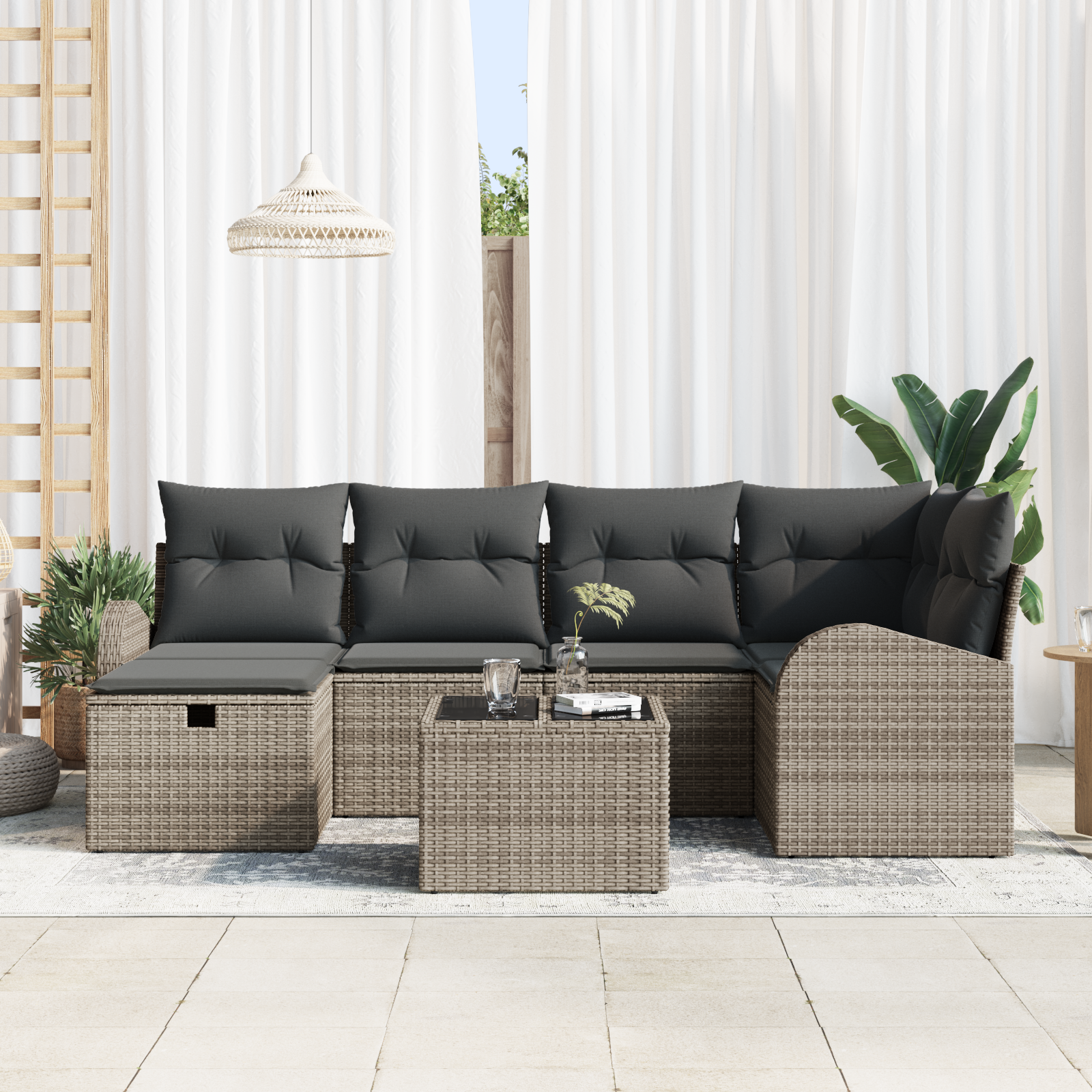 vidaXL 7-delige Tuinbankenset met kussens poly rattan grijs