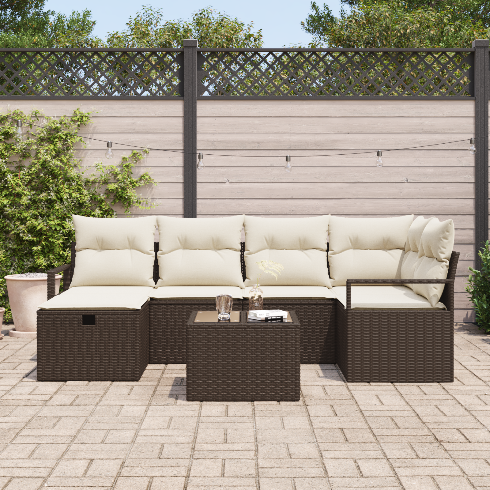 vidaXL 7-delige Tuinbankenset met kussens poly rattan bruin