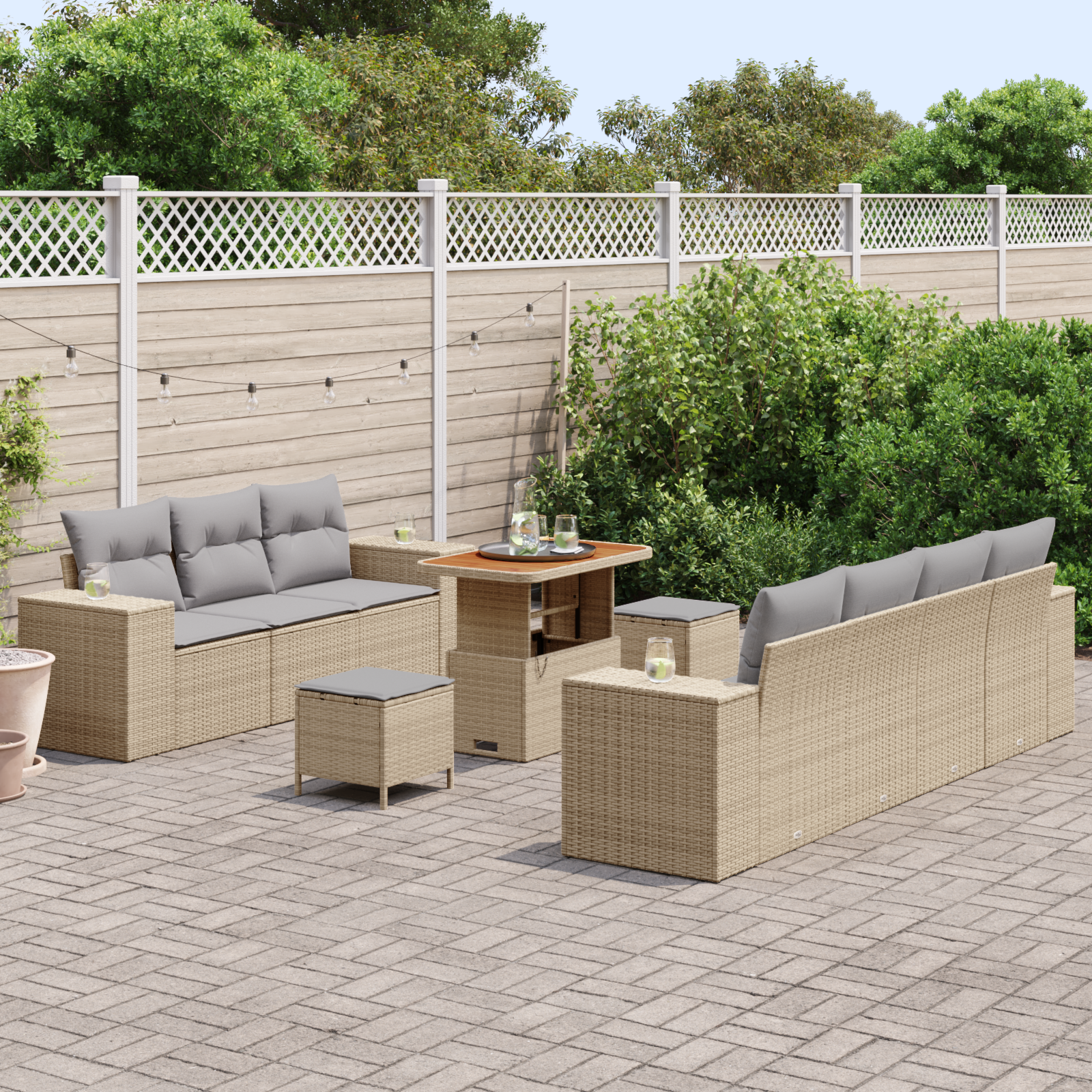 vidaXL 10-delige Tuinbankenset met kussens poly rattan acacia beige