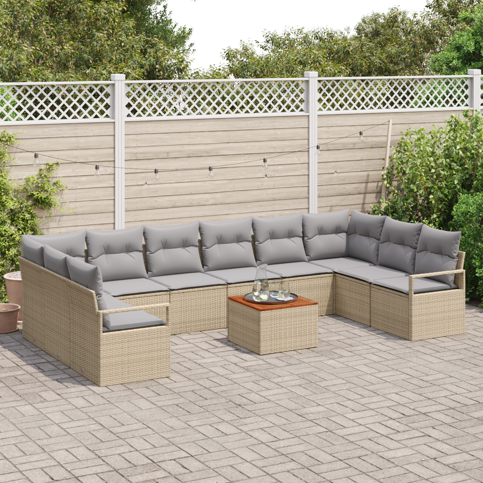 vidaXL 11-delige tuinset met kussens in beige poly rattan en acacia
