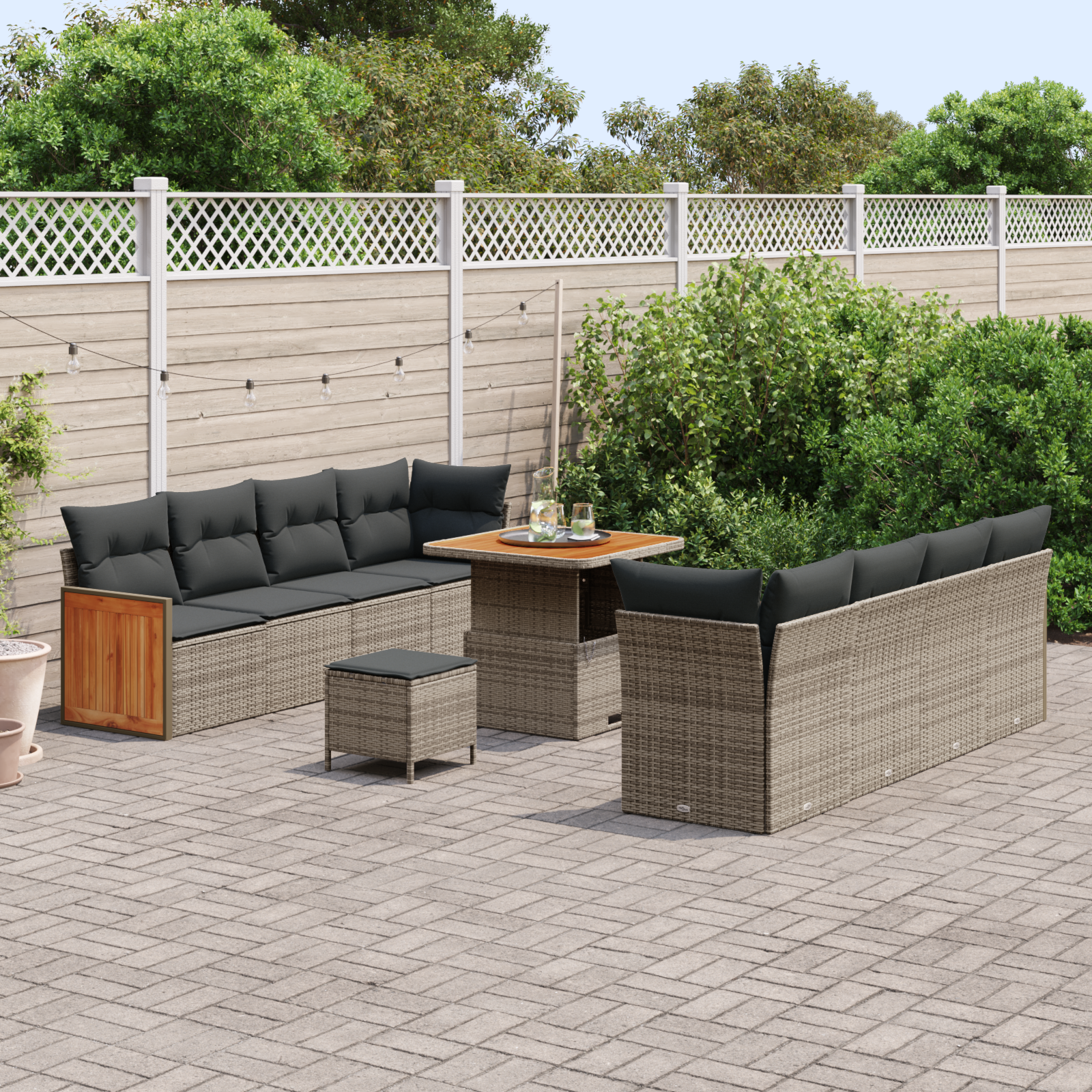vidaXL 11-delige Tuinbankenset met kussens poly rattan acacia grijs
