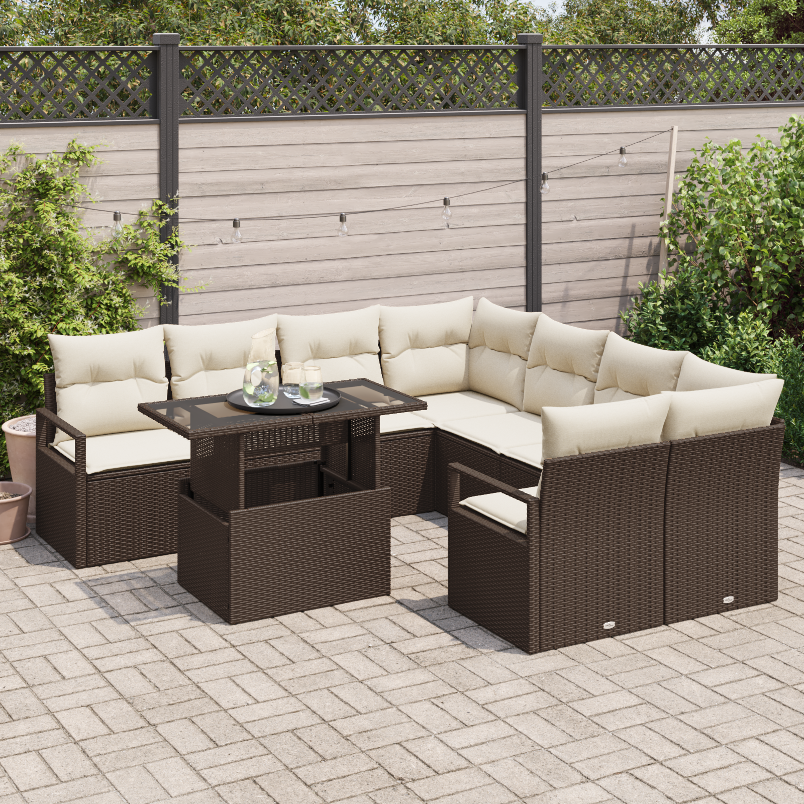 vidaXL 9-delige Tuinbankenset met kussens poly rattan bruin