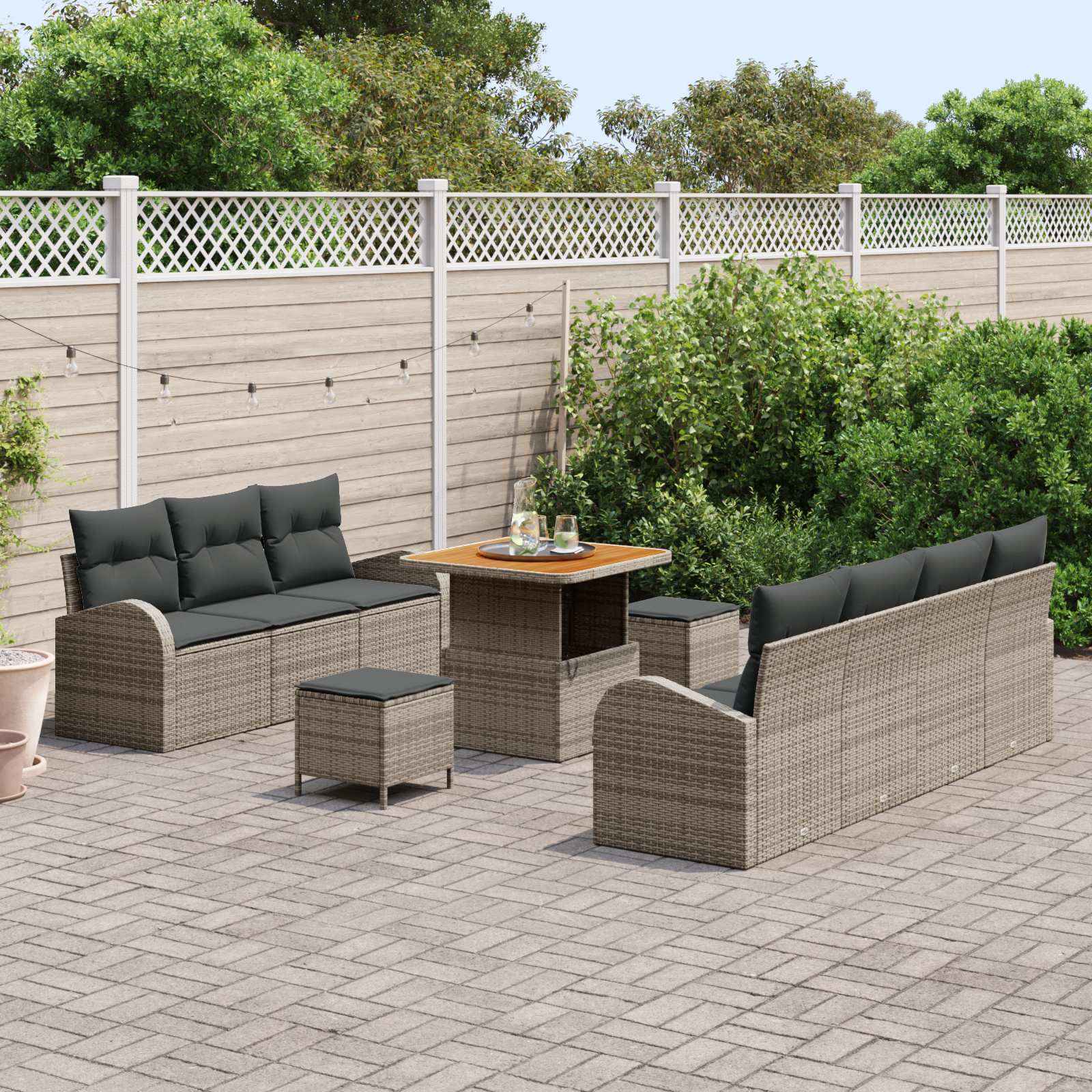vidaXL 10-delige tuinsofa set met kussens in het grijs, gemaakt van poly riet en acacia.