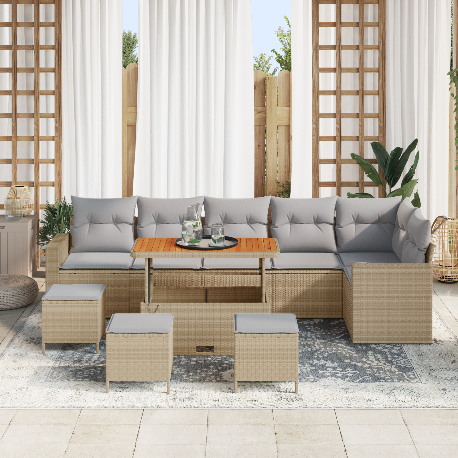 vidaXL 10-delige tuinset met kussens in beige van poly rattan en acacia