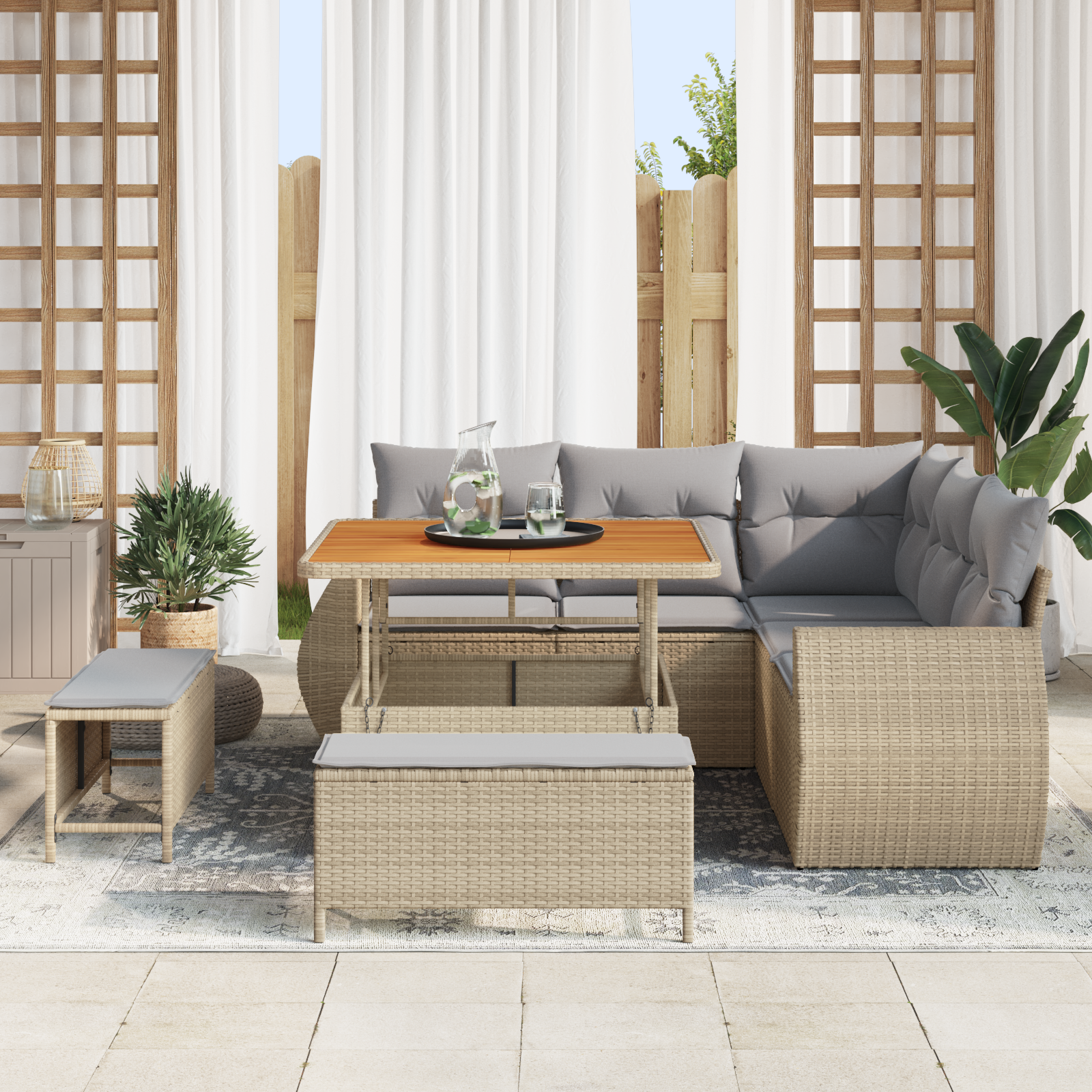 vidaXL 8-delige Tuinbankenset met kussens poly rattan acacia beige