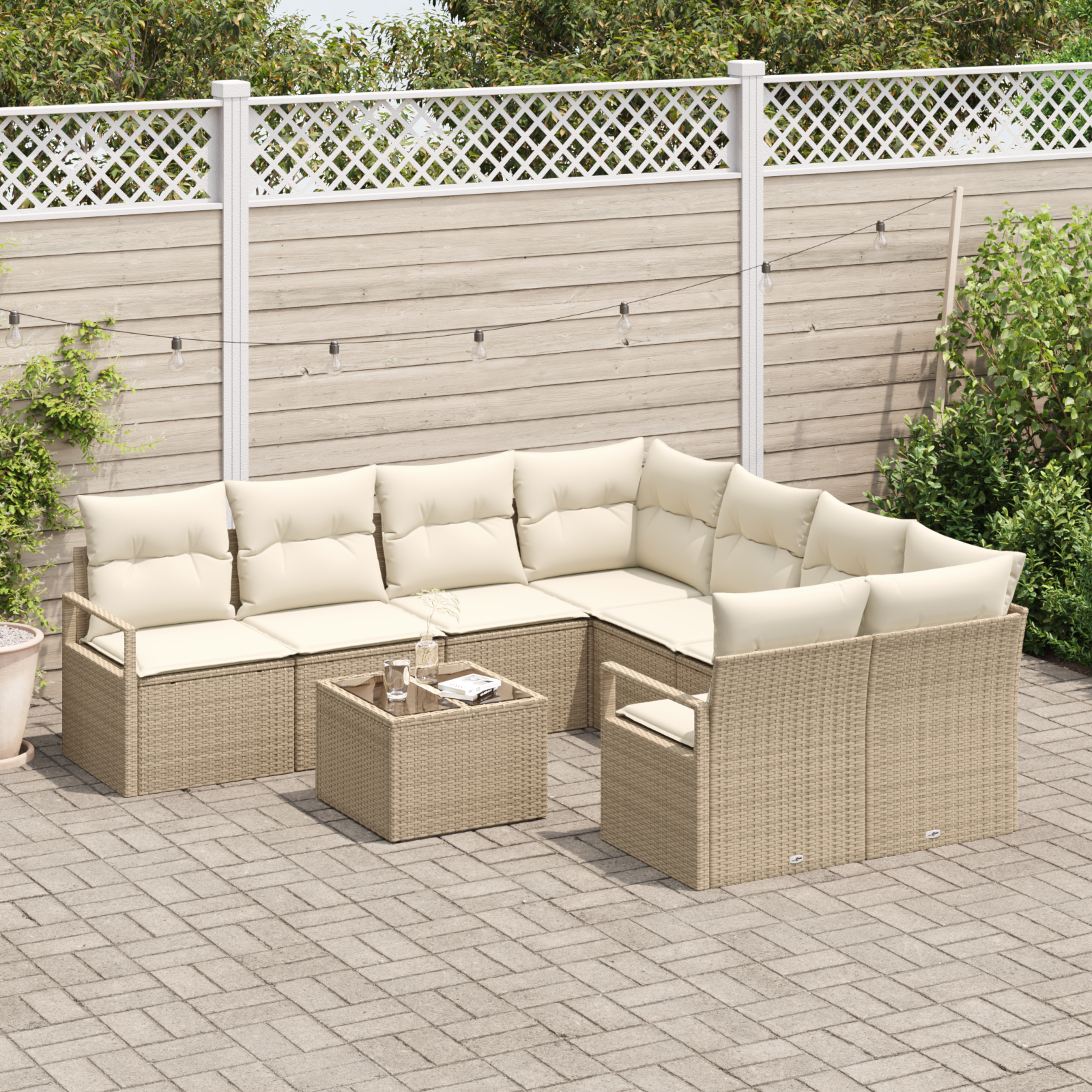 vidaXL 9-delige Tuinbankenset met kussens poly rattan beige