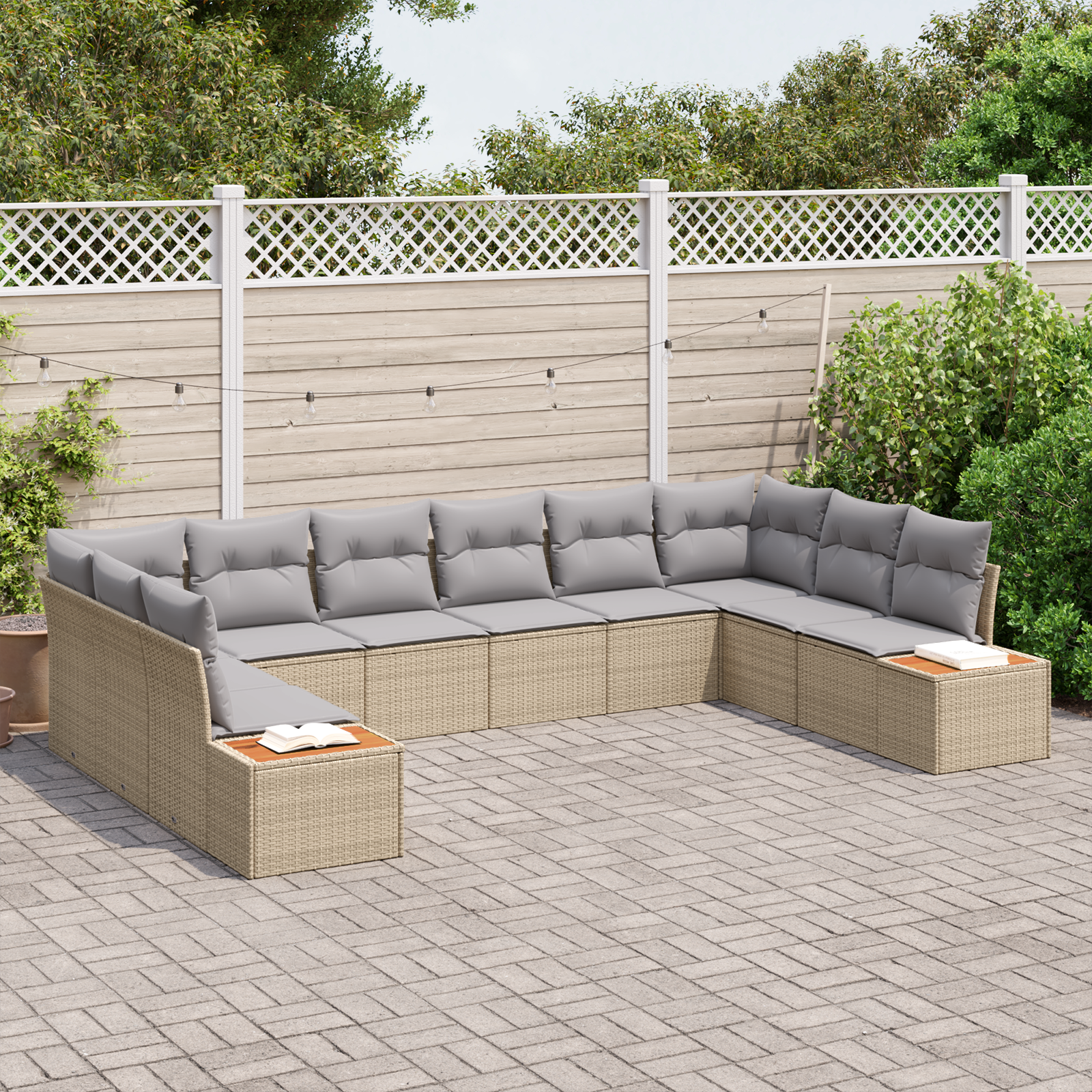 vidaXL 10-delige tuinset met kussens in beige van poly rattan en acacia